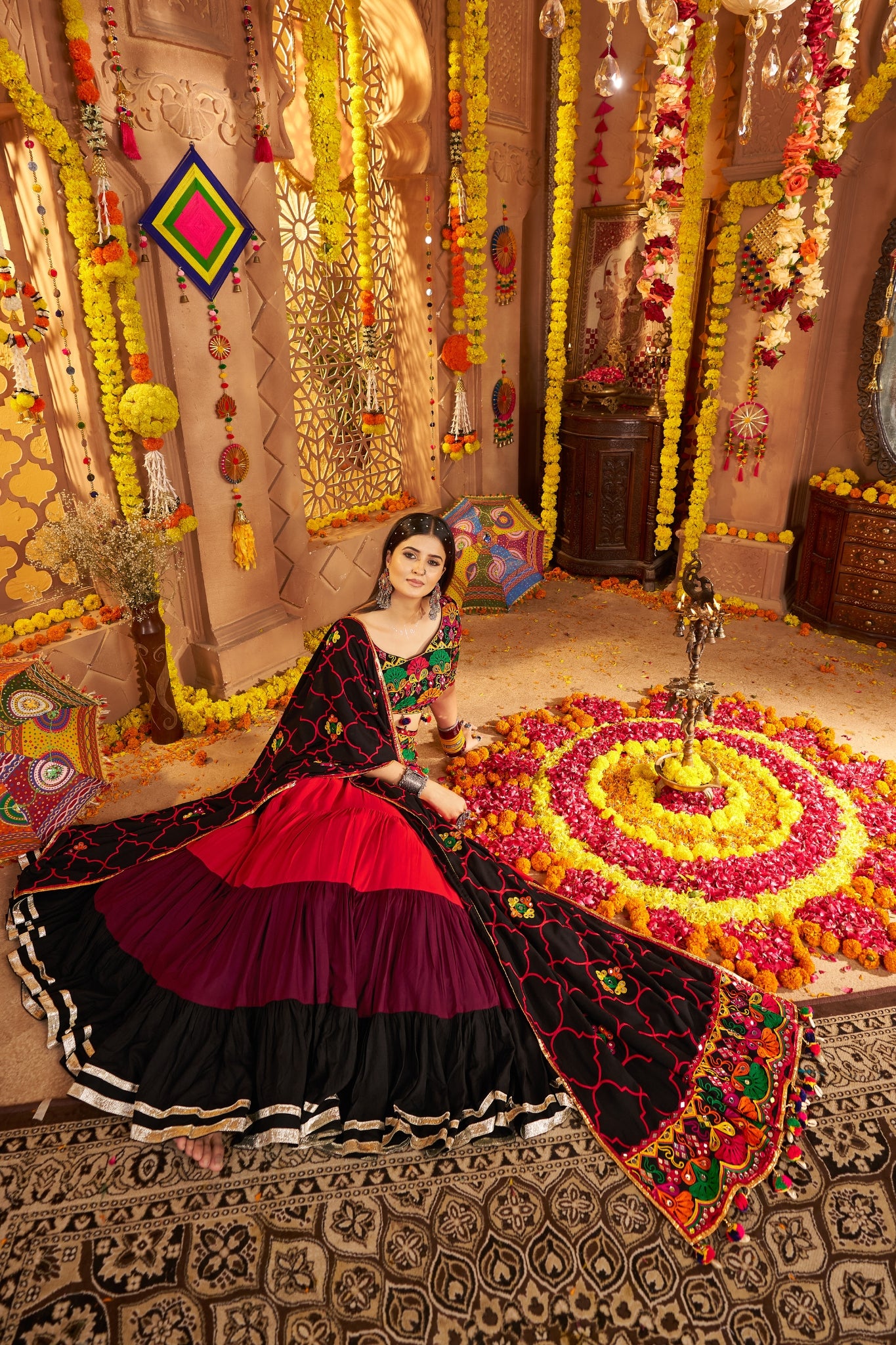 Festive Designer Viscose Cotton Multi Tread With Mirror Work Traditional Navratri Lehenga Choli