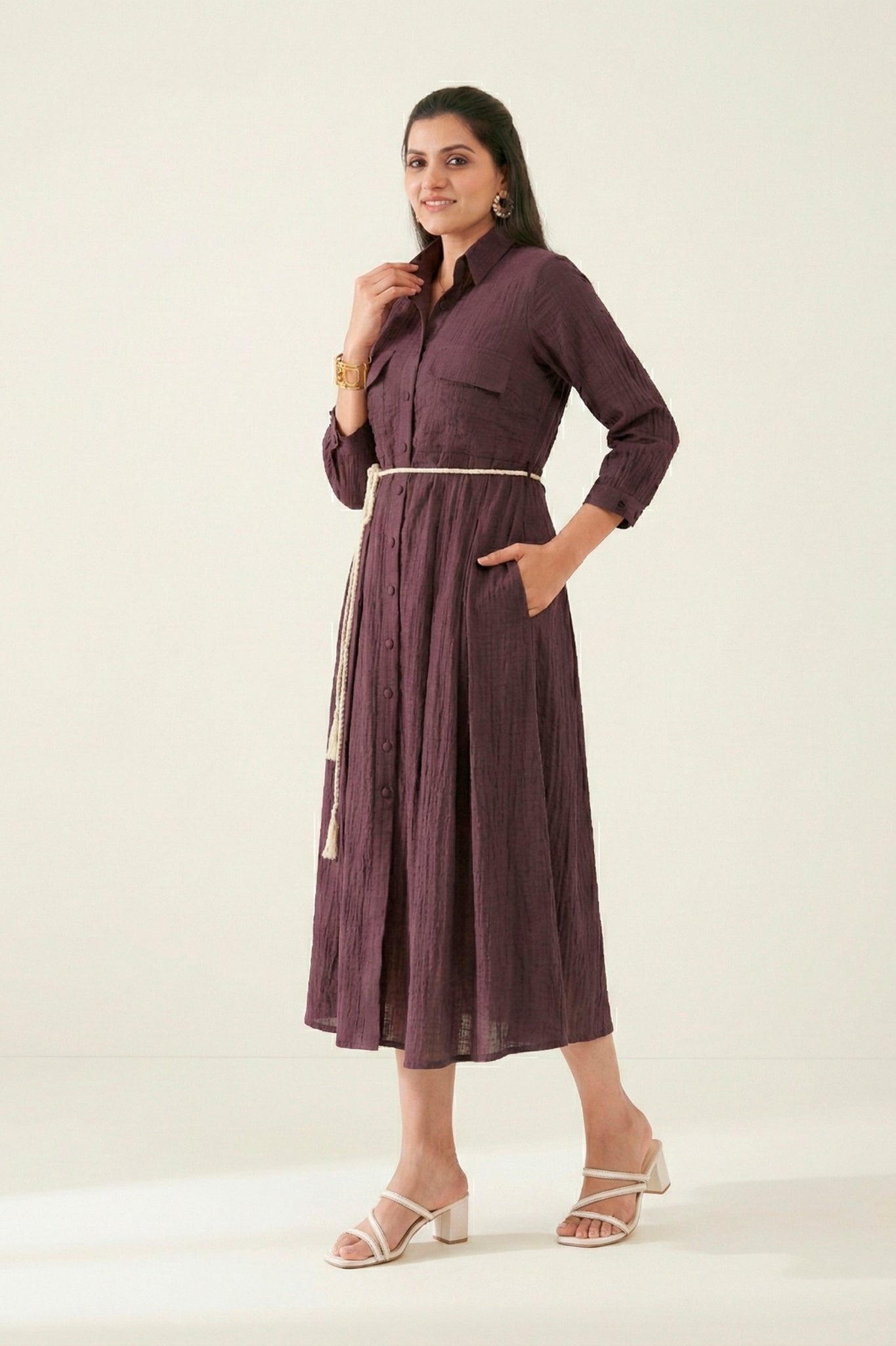 Premium Crackle Fabric Button Down Midi Frock For Women
