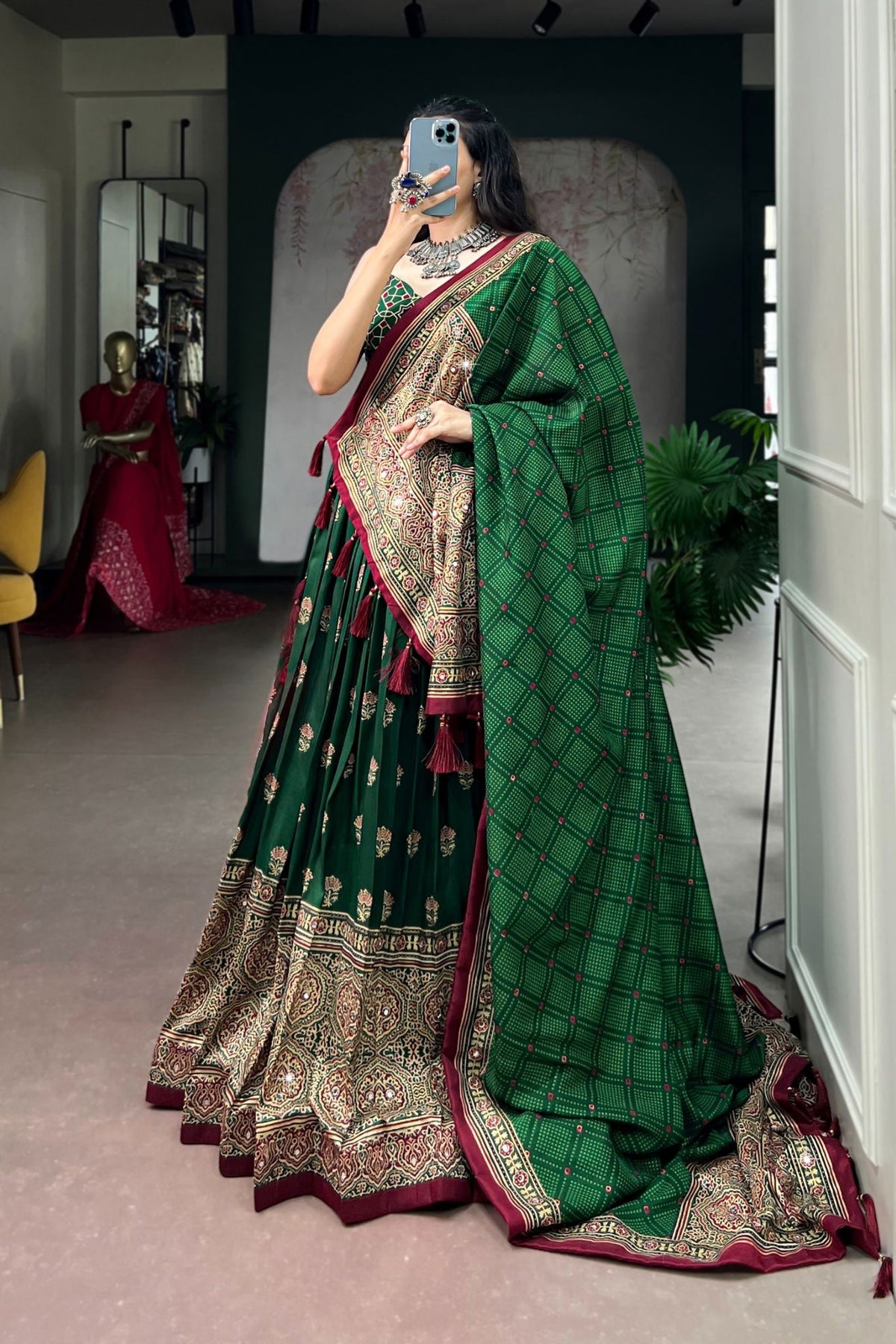 Designer Tasar Silk Ajrak Print Navratri Lehenga Choli