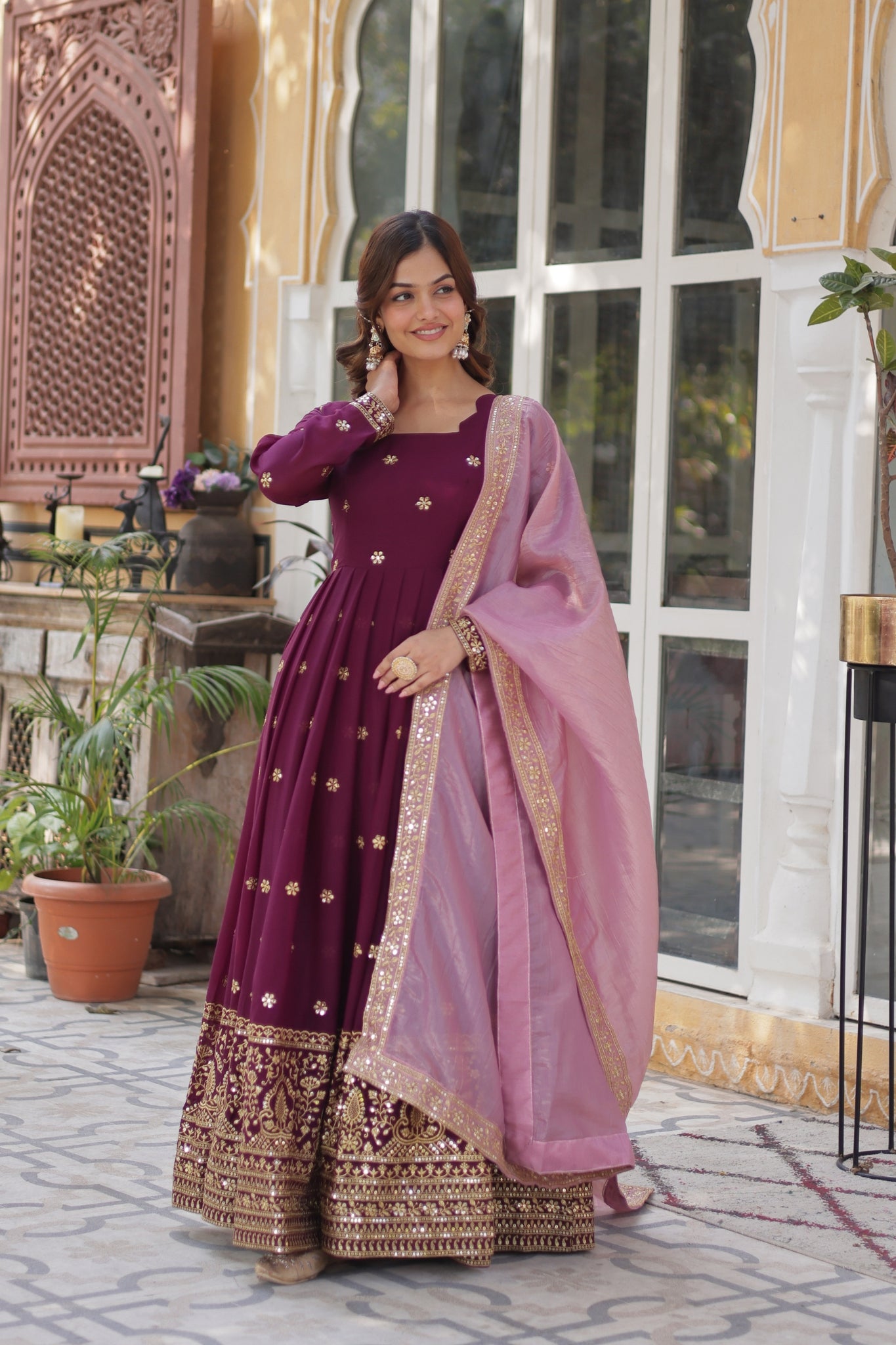 Plum Embroidered Georgette Anarkali Set