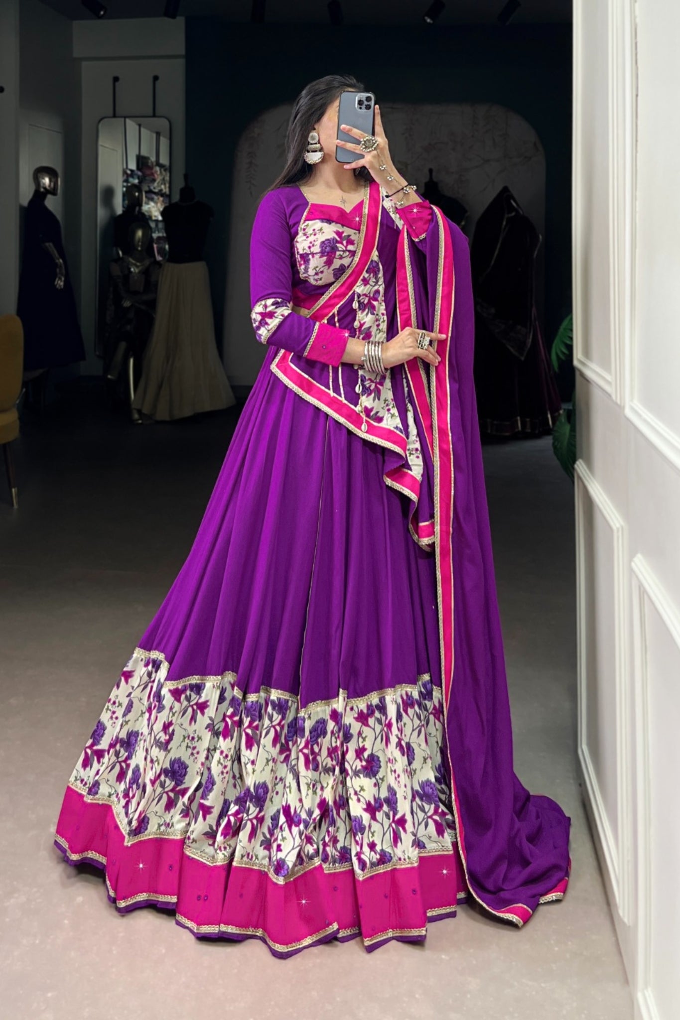 Purple Pure Rayon Printed With Original Mirror Hand Work Navratri Lehenga Choli