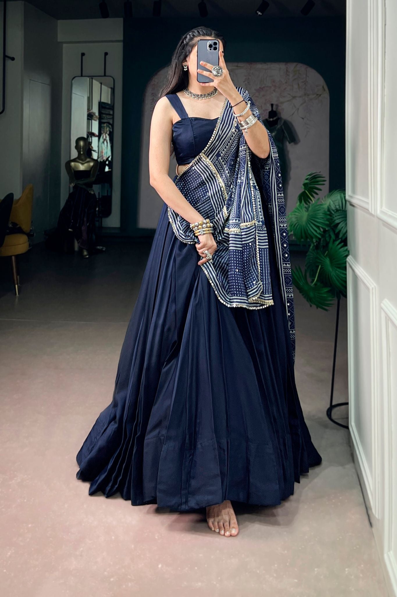 Navy Blue Navratri Designer Lehenga Choli With Printed Satin Dupatta