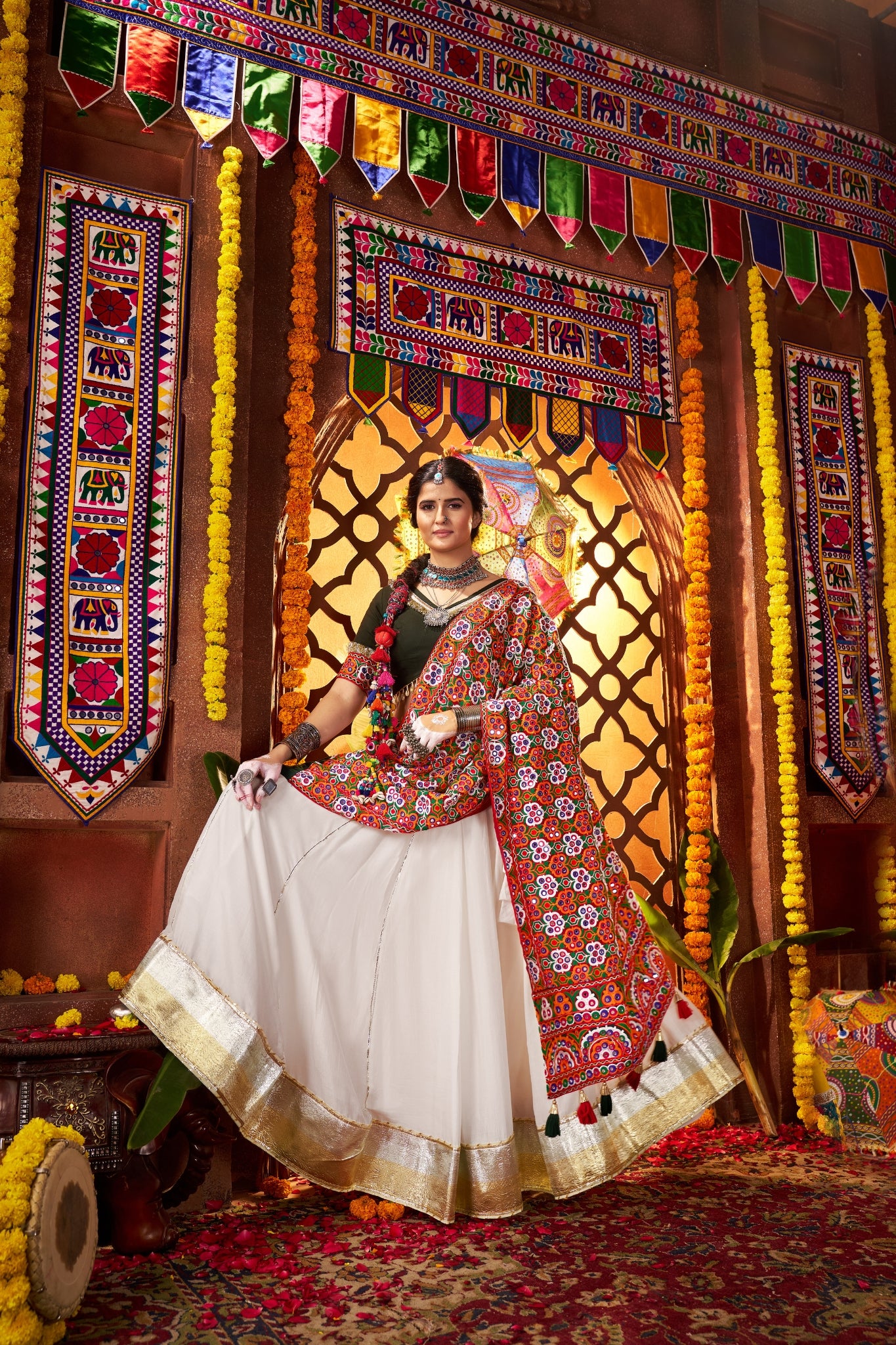 Beautiful White Designer Silk Navratri Special Lehenga Choli Set