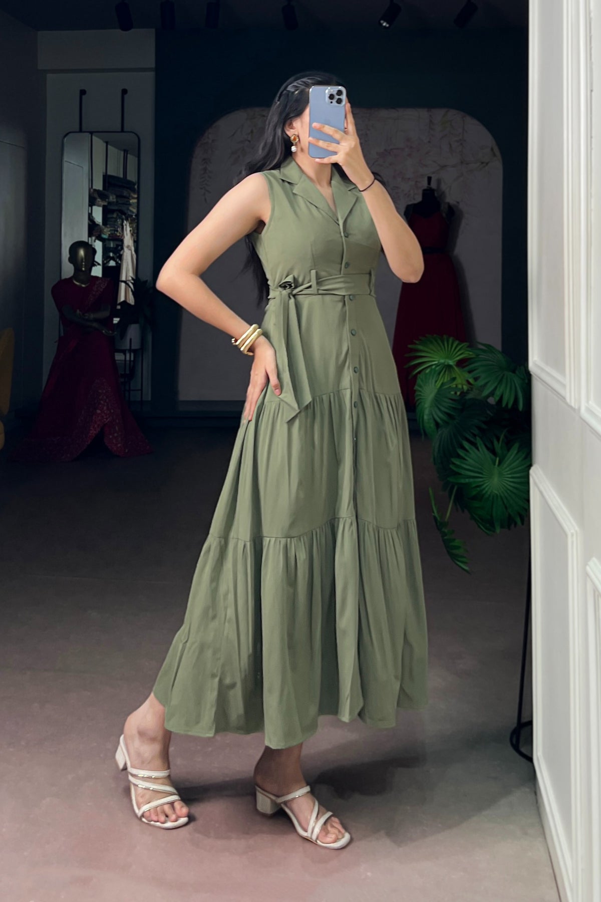 Olive Green Hemmer Silk Dress For Women