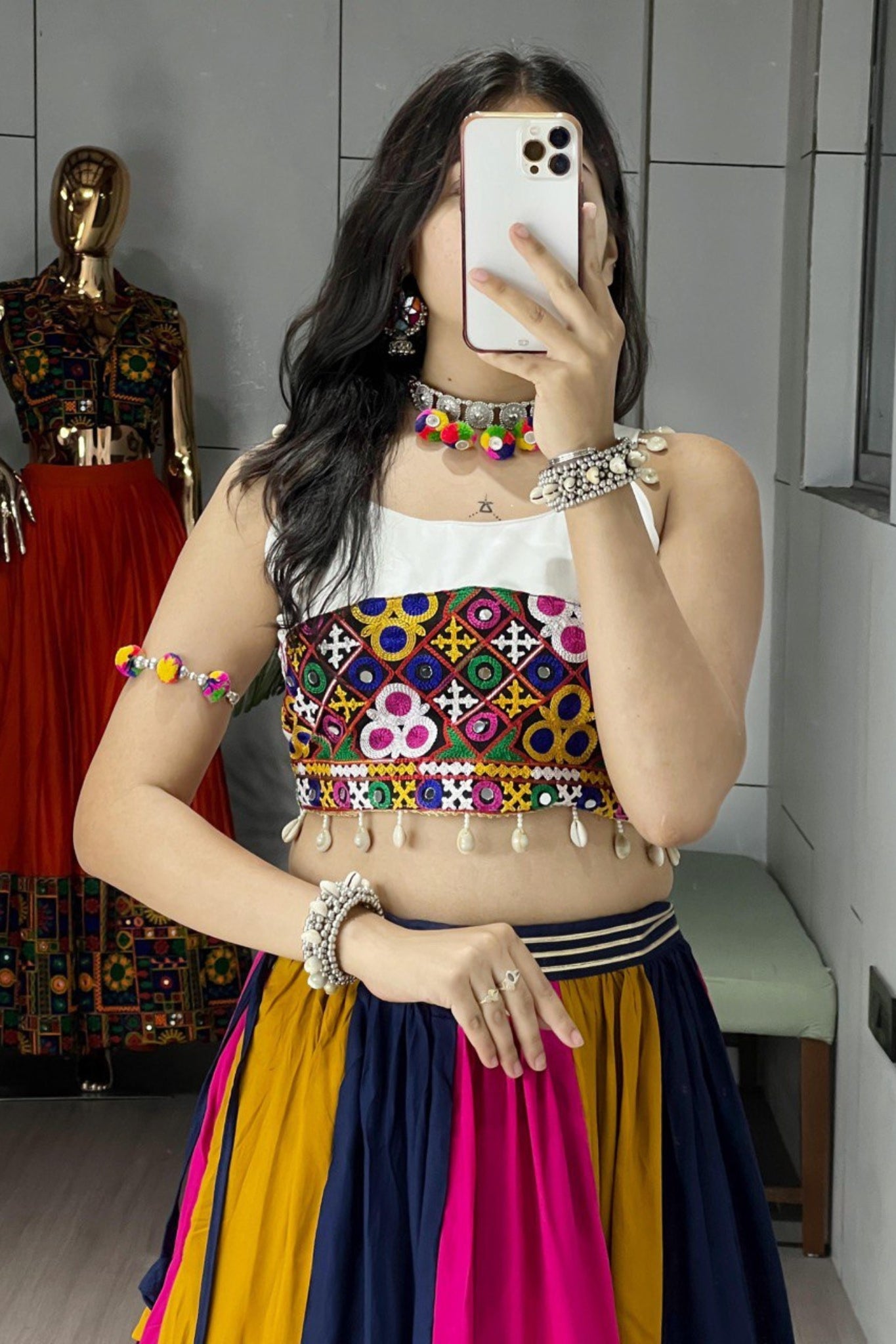 Navratri Special Multicolor Real Mirror Work With Pure Kutchhi Embroidery Lehenga Choli For Women
