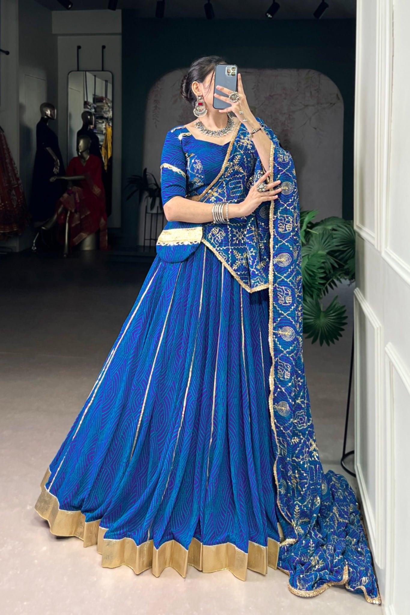 Vibrant Bandhej Print Designer Georgette With Mirror Work Lehenga Choli Set For Wedding And Navratri