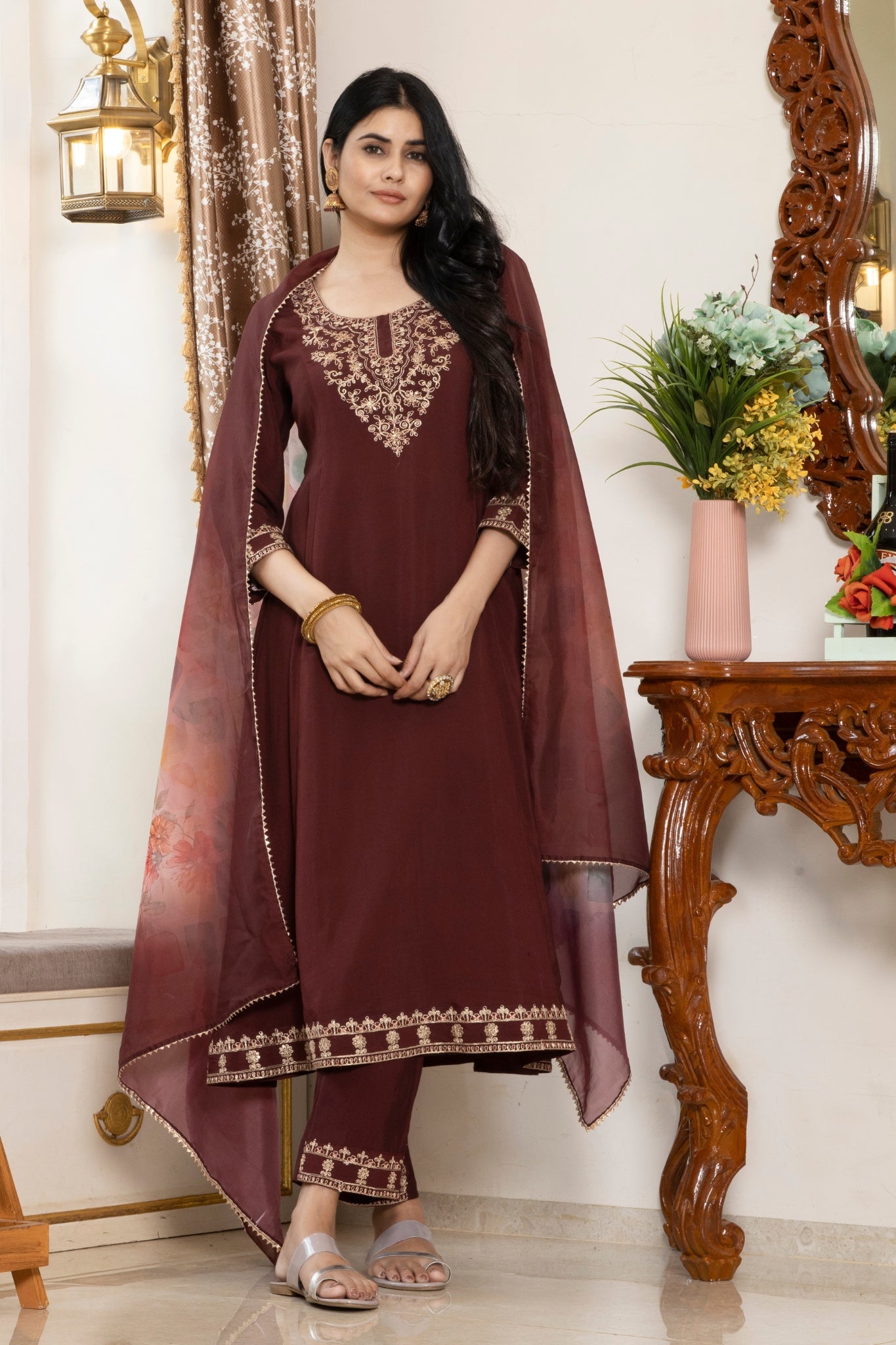 Maroon Straight-Cut Kurta Set With Gold Embroidery And Sheer Dupatta