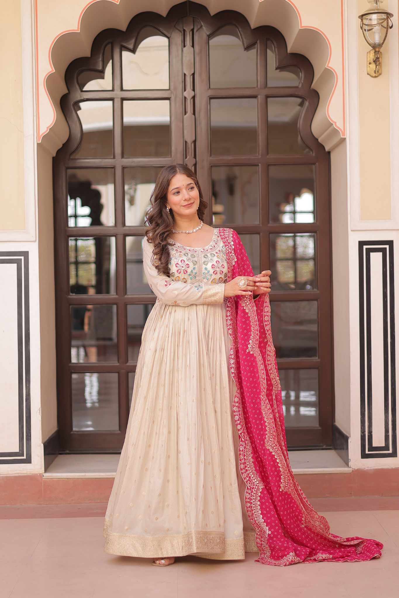 Cosmos Weaving Jacquard Crafted Pearl beads Embroidered Work Gown With Dupatta