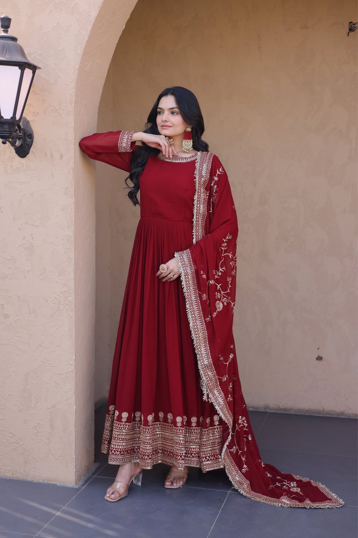 Maroon Designer Anarkali Gown with Dupatta Set