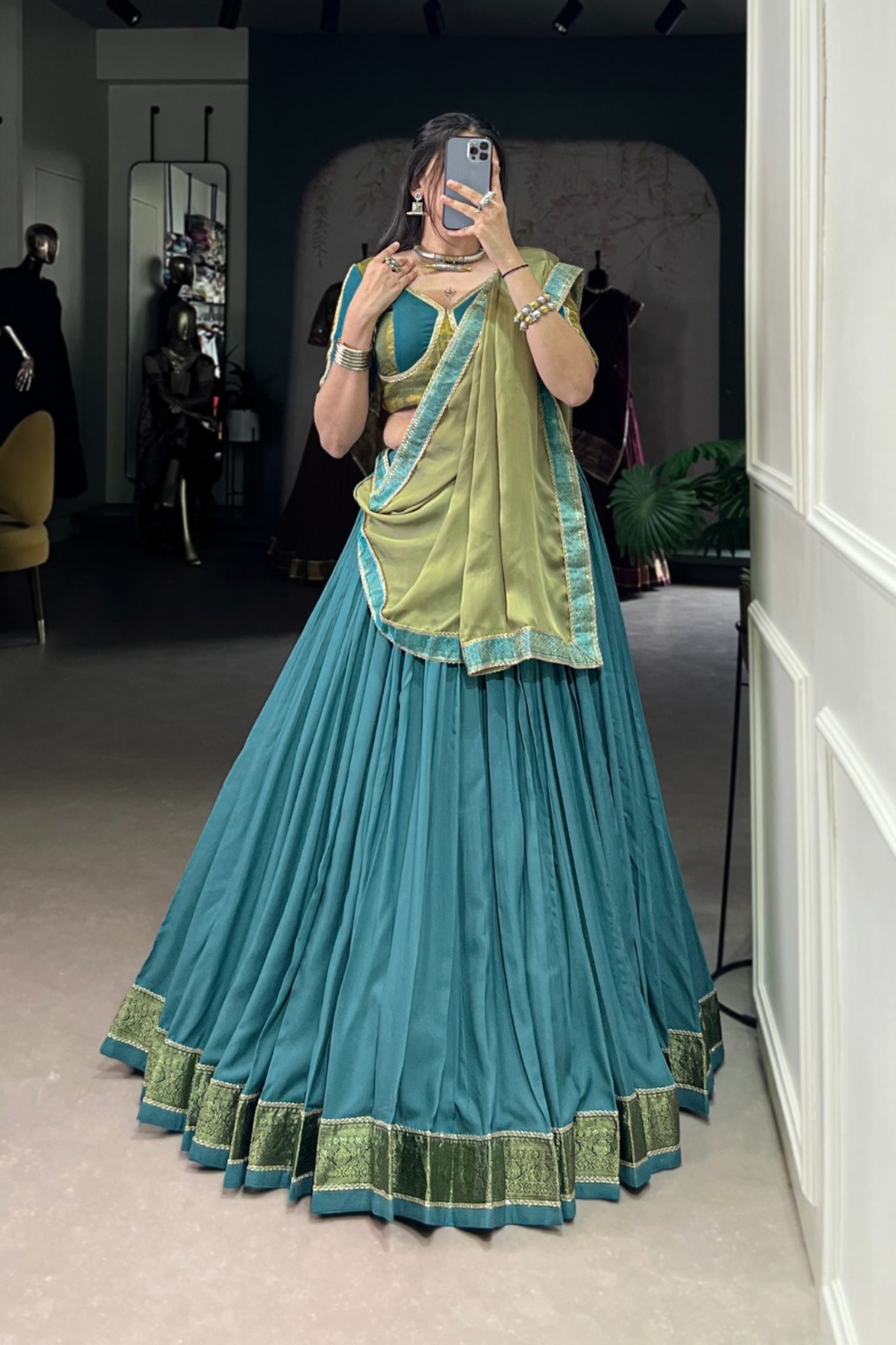 Teal Pure Rayon Designer Zari Weaving Work Navratri Lehenga Choli