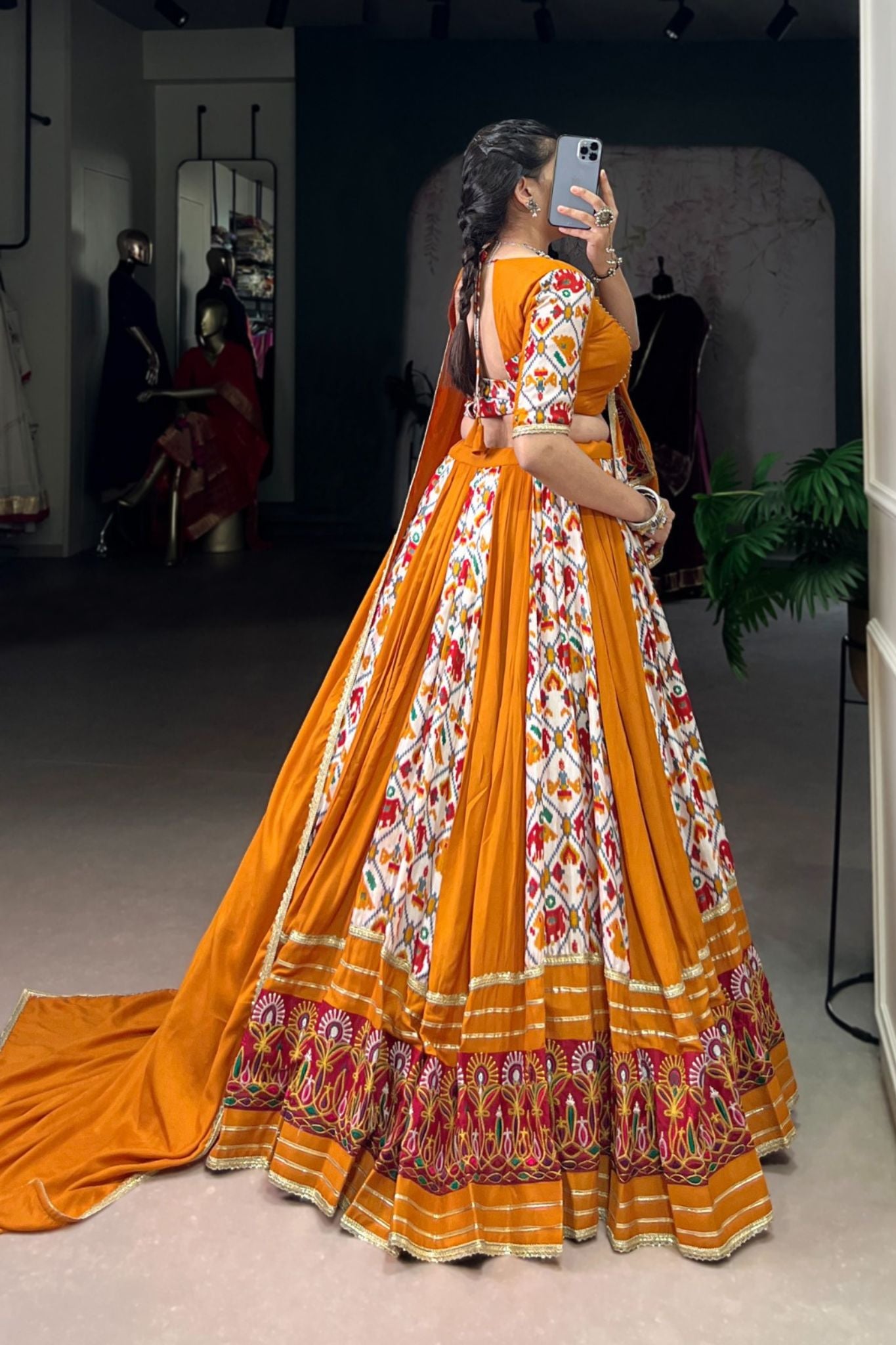 Mustard Rayon With Patola Print Silk Designer Gamthi Work Classic Lehenga Choli
