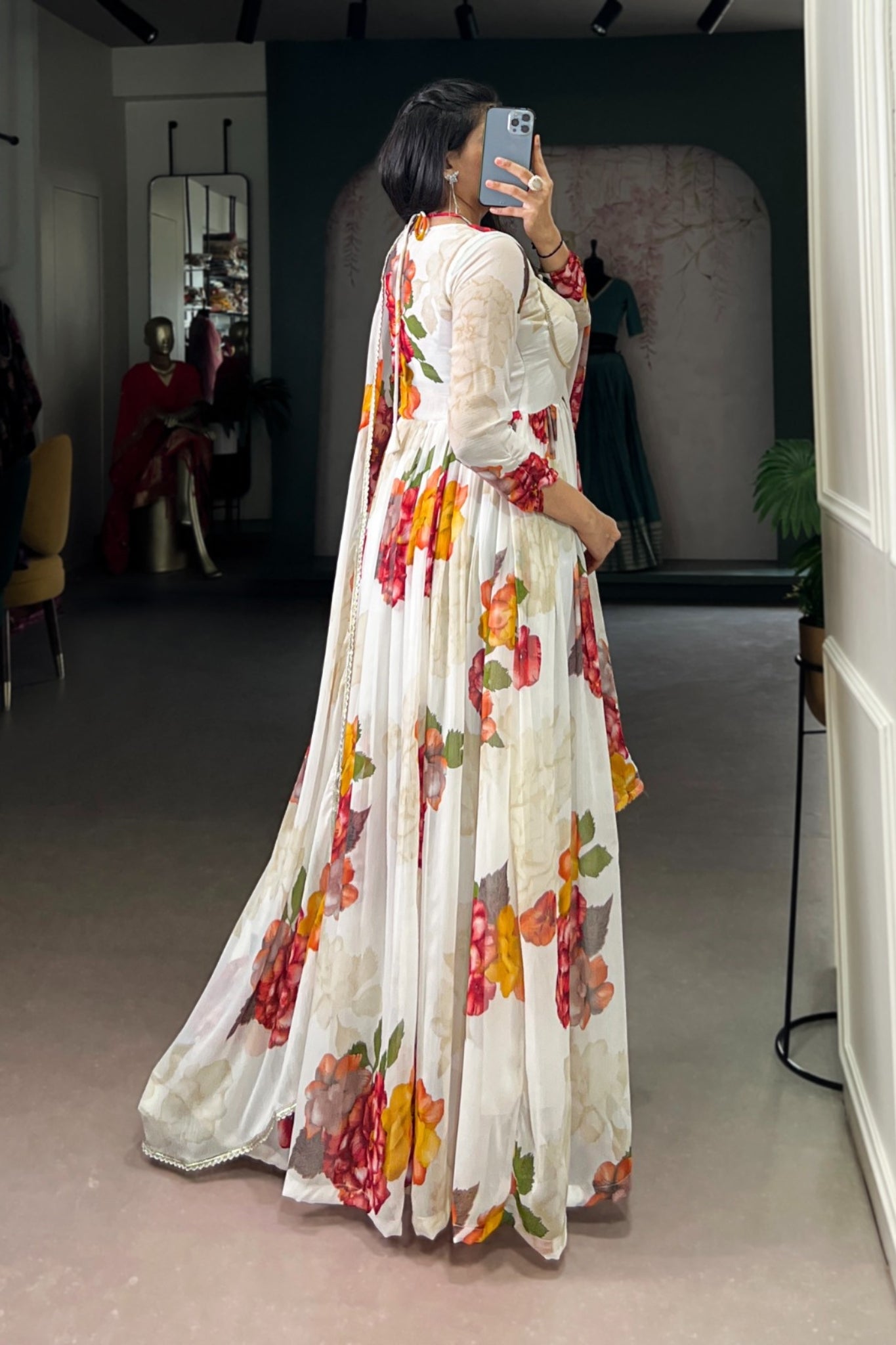 Premium Chiffon Floral Print Gown With Lace Detailing And Matching Dupatta