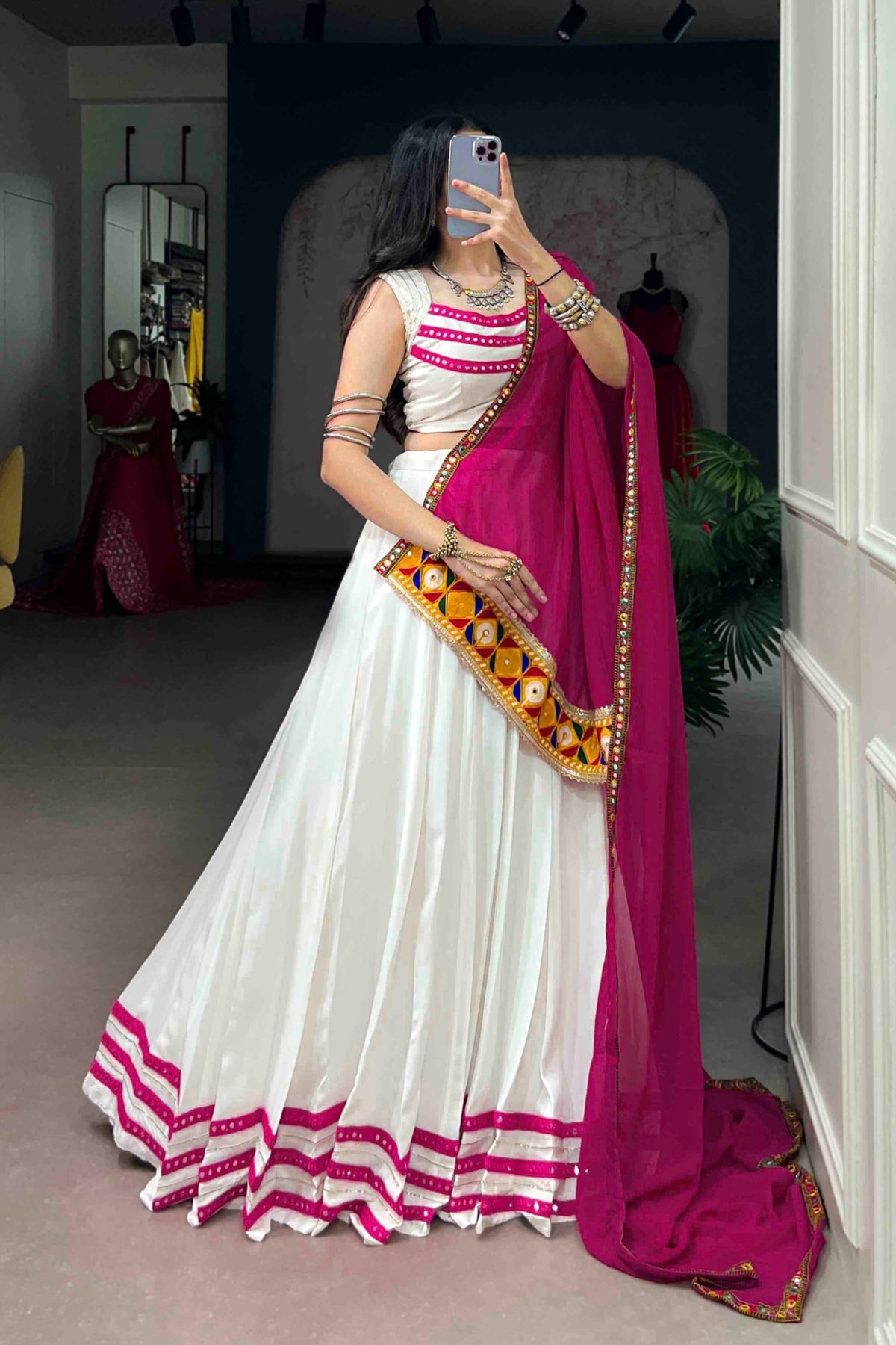 Rayon Navratri Designer White & Rani Pink Gamthi Lace Mirror Work Lehenga Choli With Dupatta