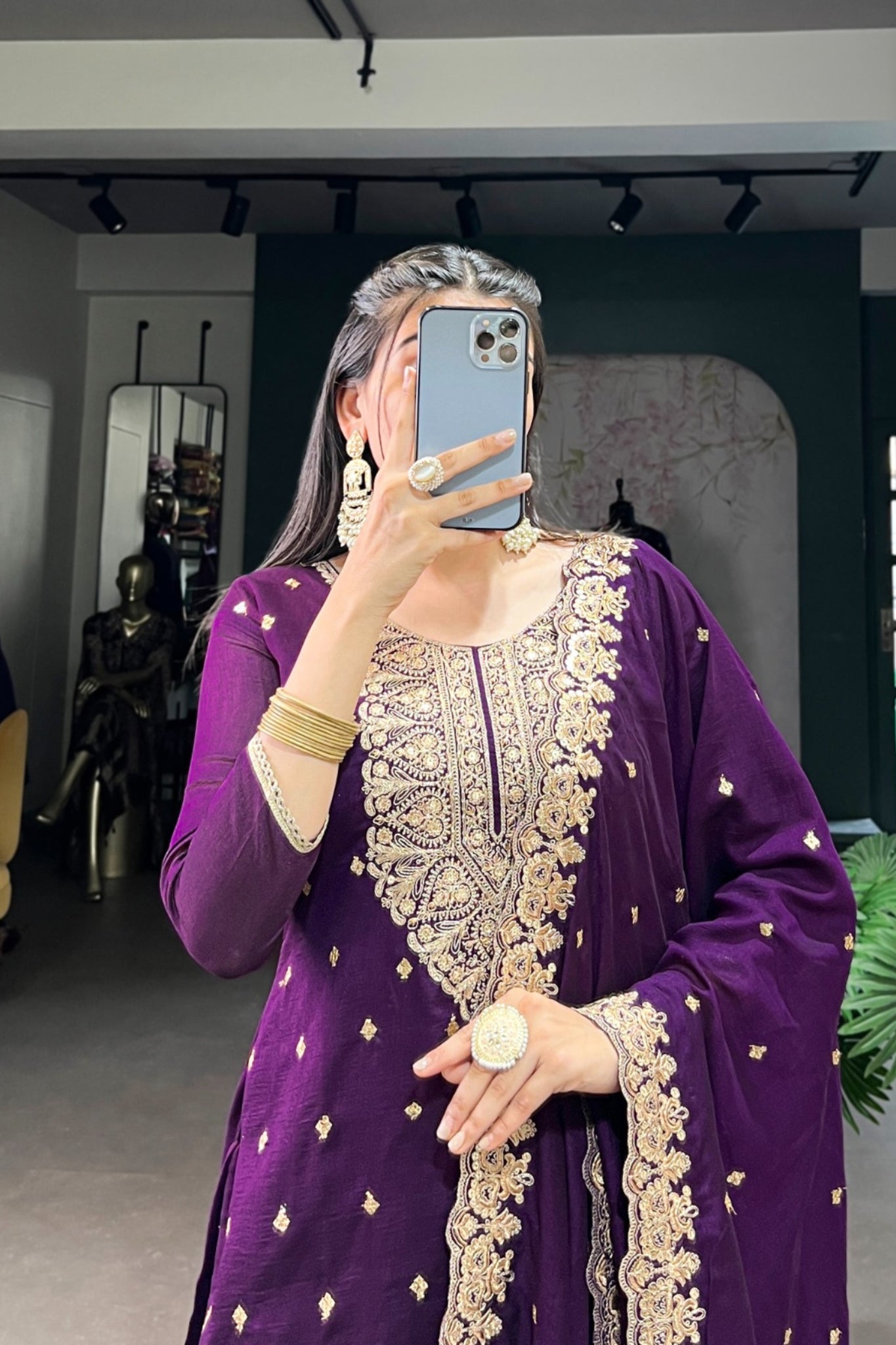 Vichitra Silk Embroidered Kurta With Dupatta & Bottom