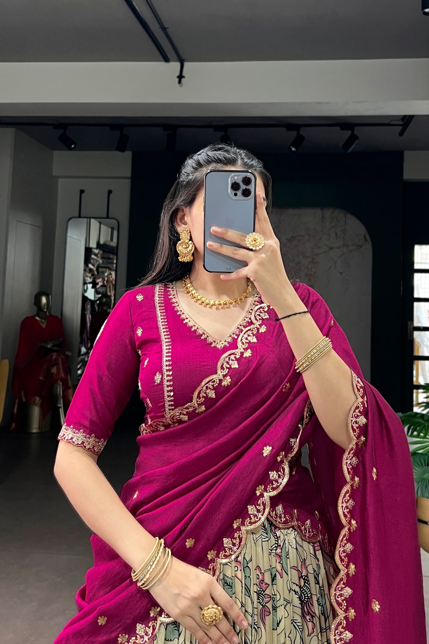Premium Kalamkari Tasar Silk Lehenga Choli With Embroidered Dupatta