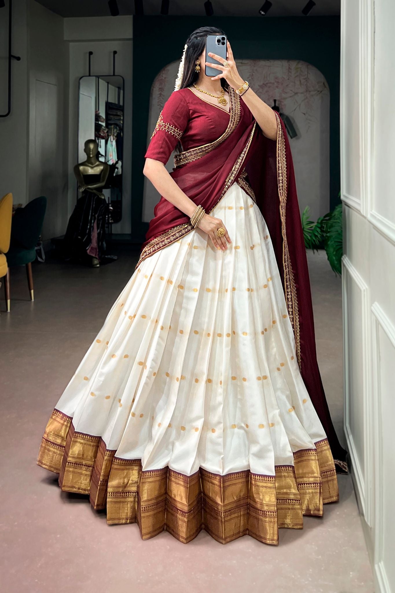 Ivory Maroon Silk Cotton Designer Lehenga Choli