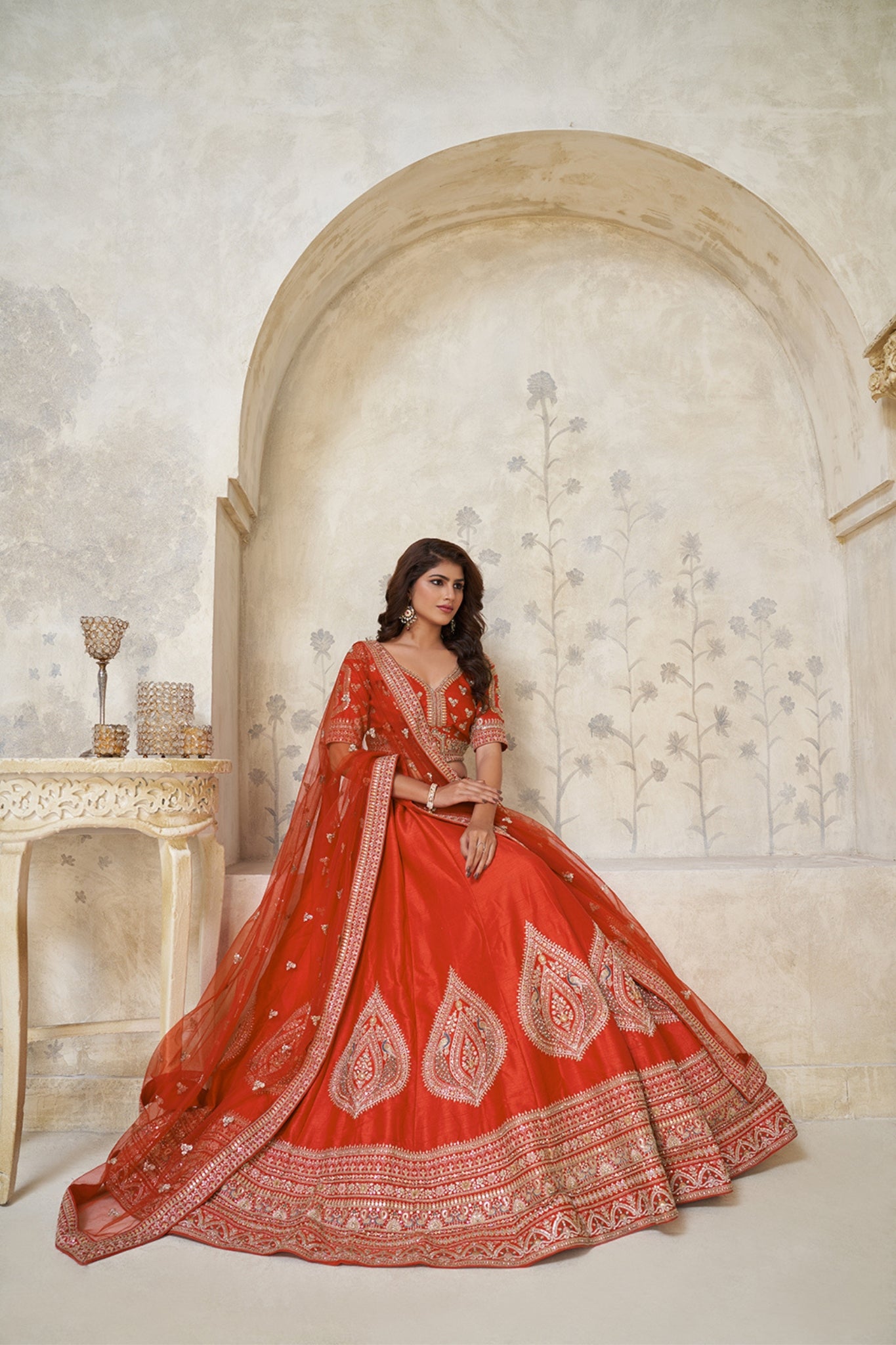 Crimson Elegance Minimalist Peacock And Leaf Motif Bridal Lehenga