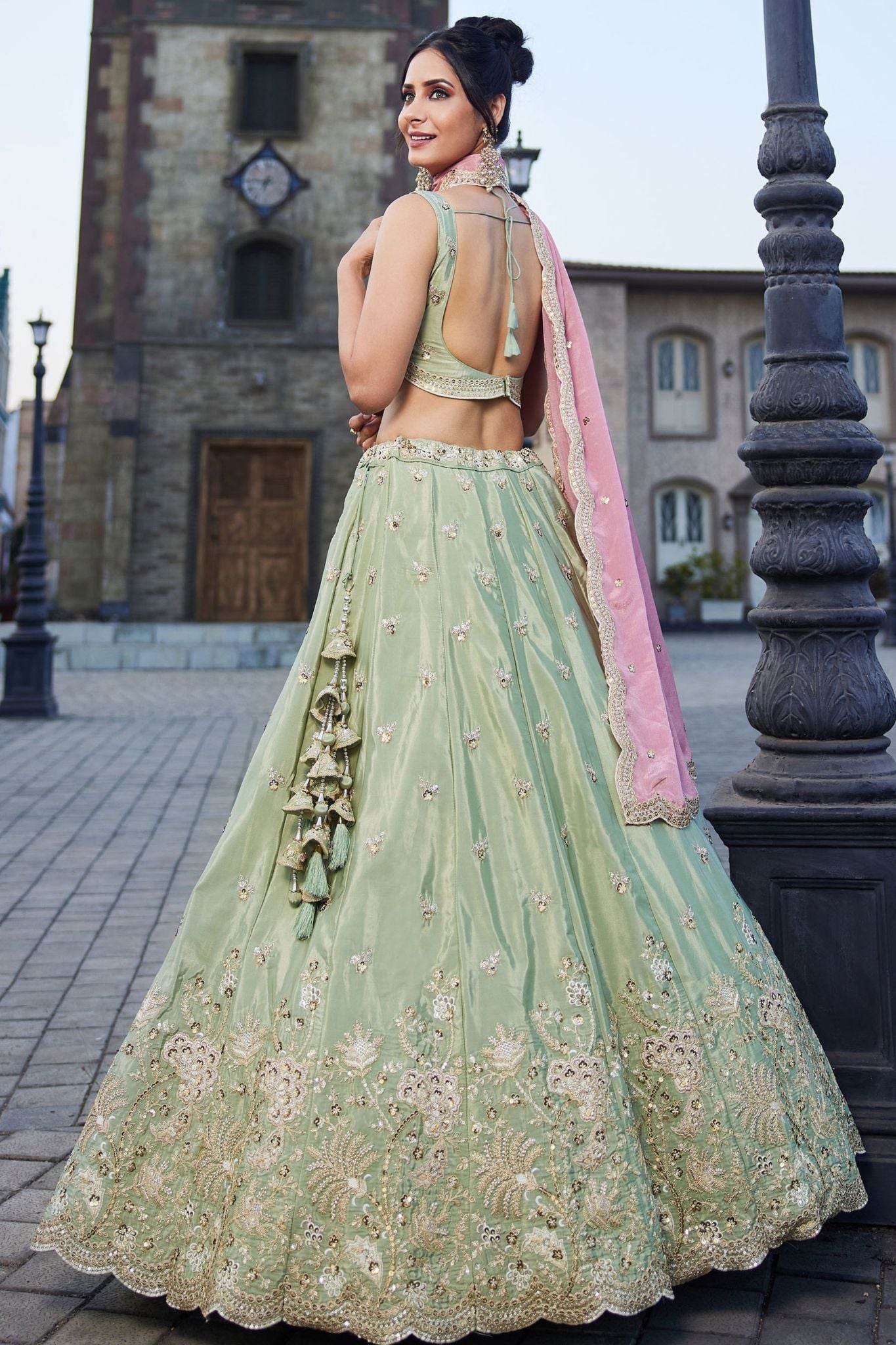 Pista Green Designer Art Silk Lehenga Choli With Zari Sequins & Dori Embroidery Work
