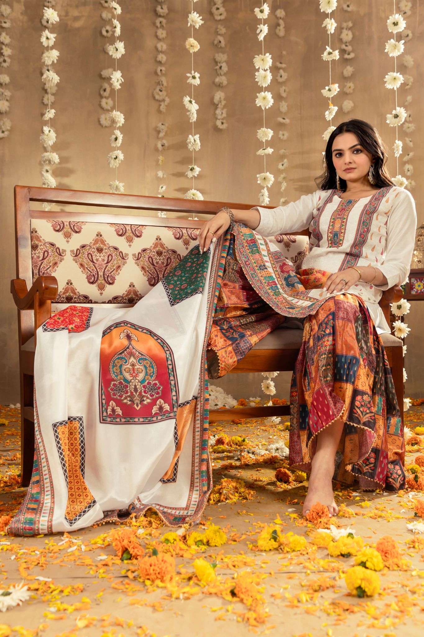 Stunning Printed With Mirror Sifali Work Cotton Sharara Set