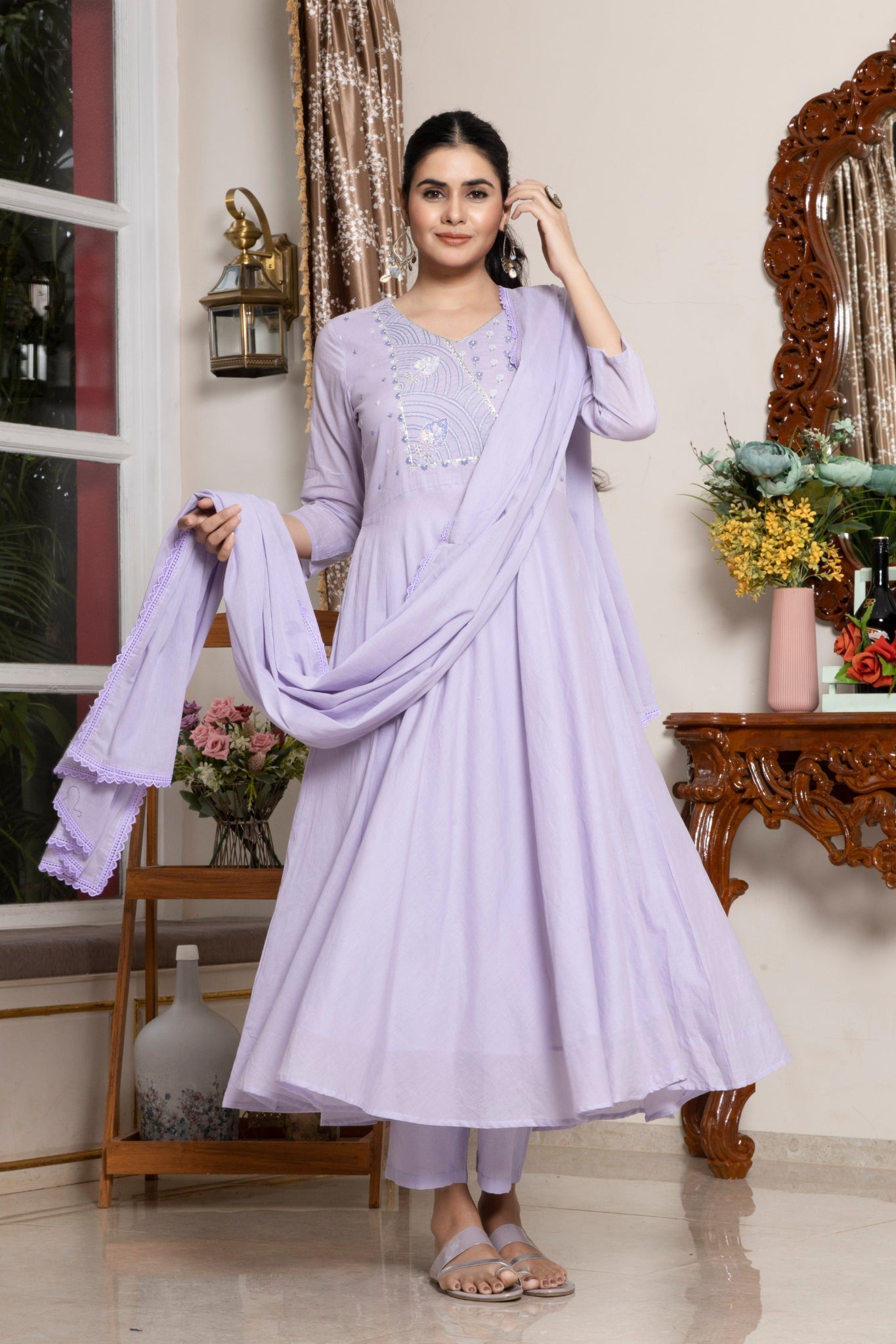 Elegant Soft Lavender Embroidered And Handwork Mal Cotton Anarkali Suit With Dupatta