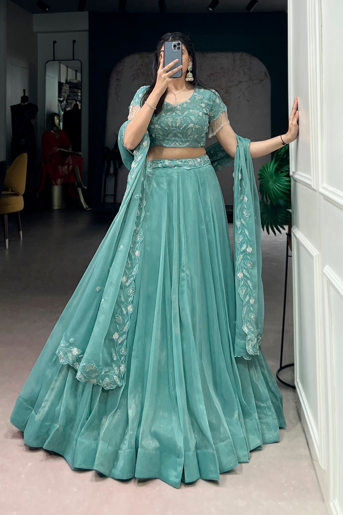 Premium Sea Green Beads With Thread Embroidered Work Lehenga Choli