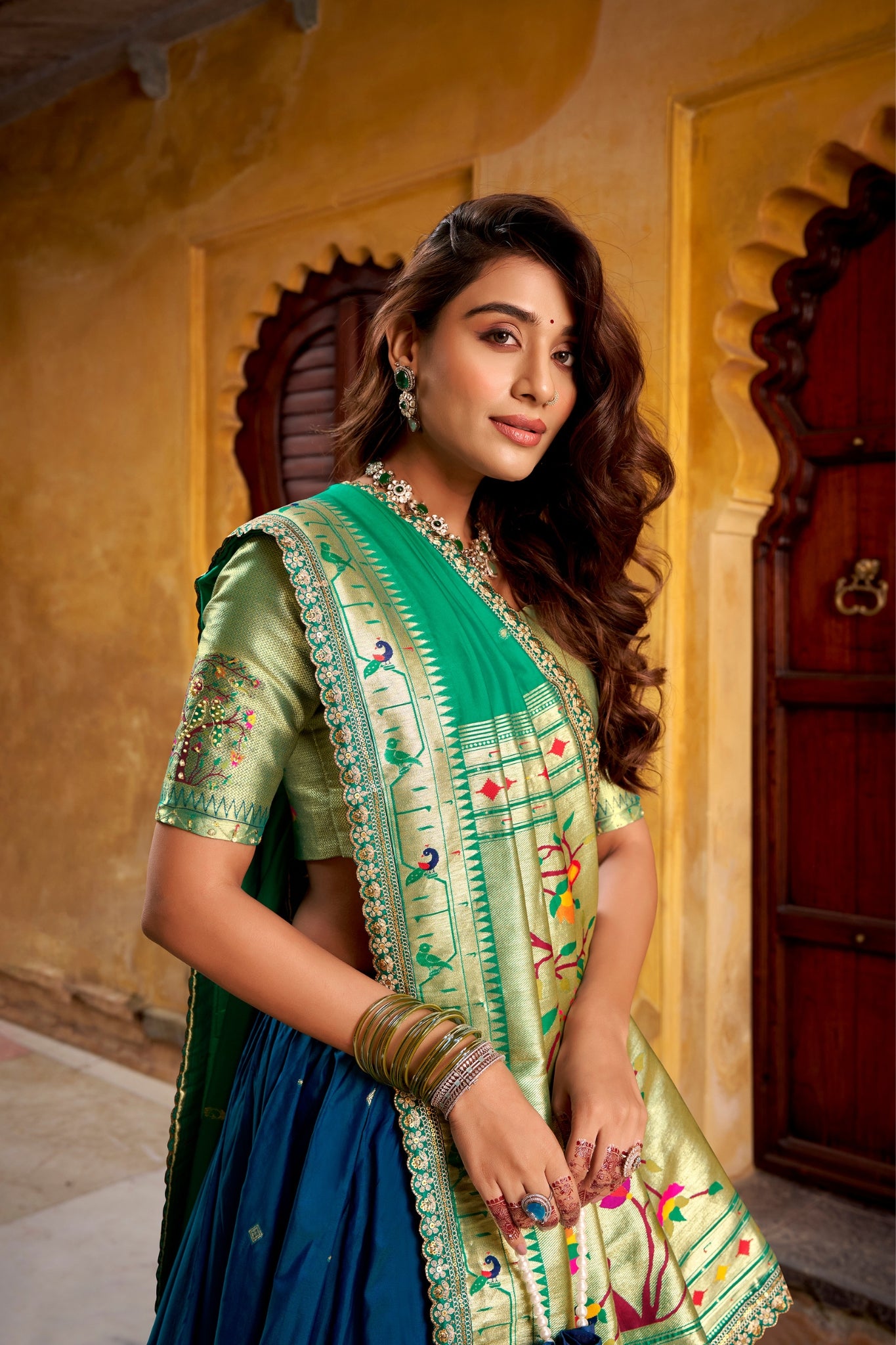 Designer Premium Paithani Soft Silk Zari Weaving Sequins With Thread Embroidery Lehenga Set