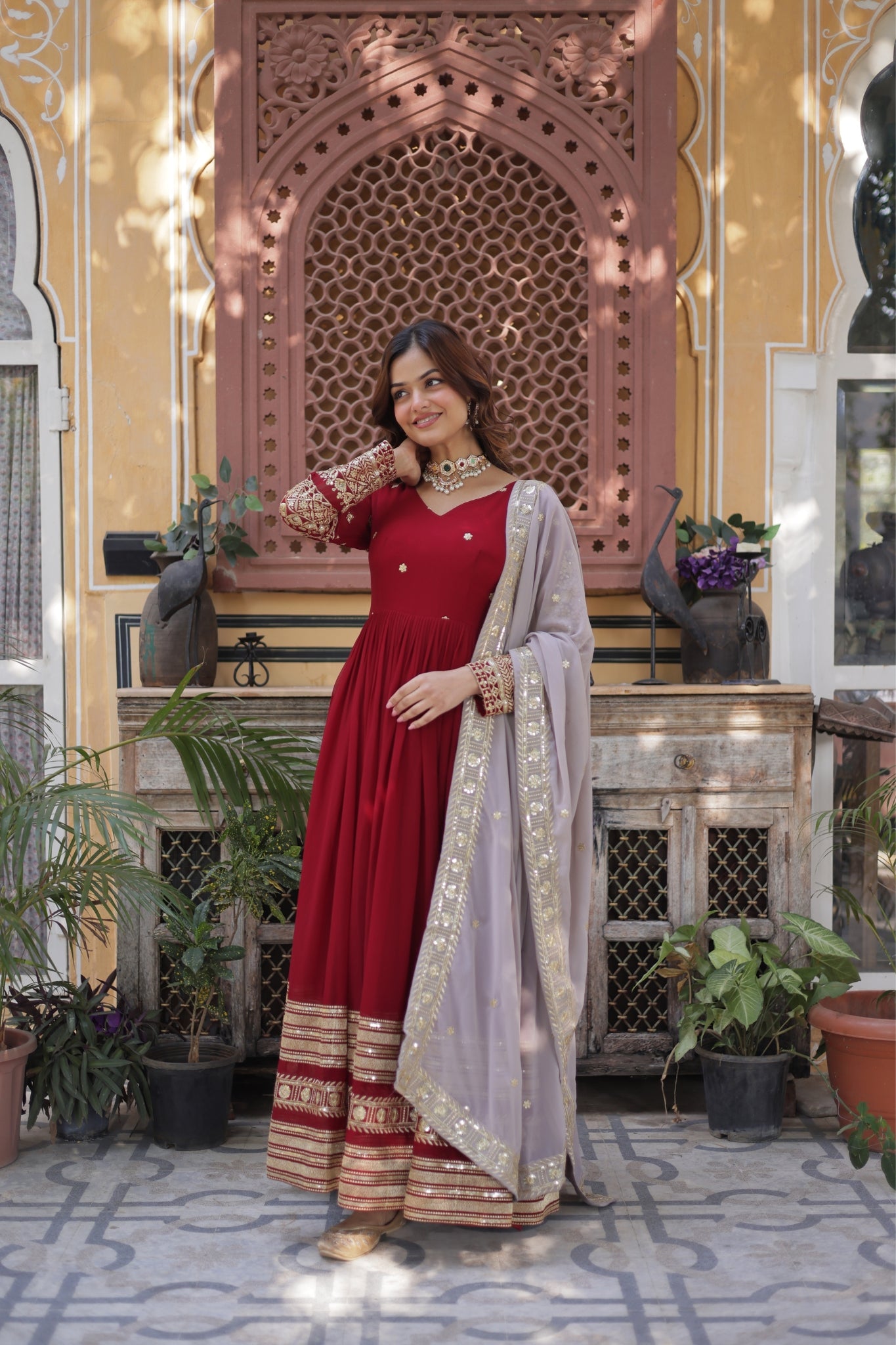 Traditional Maroon Embroidery Sequins Work Anarkali Suit Set