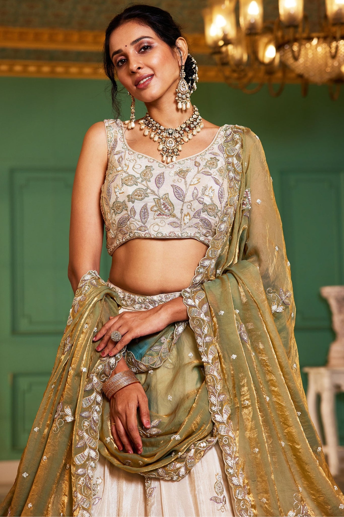 Premium Pure Tissue Ivory Cream Designer Lehenga Choli With Sage Green Fendi Dupatta
