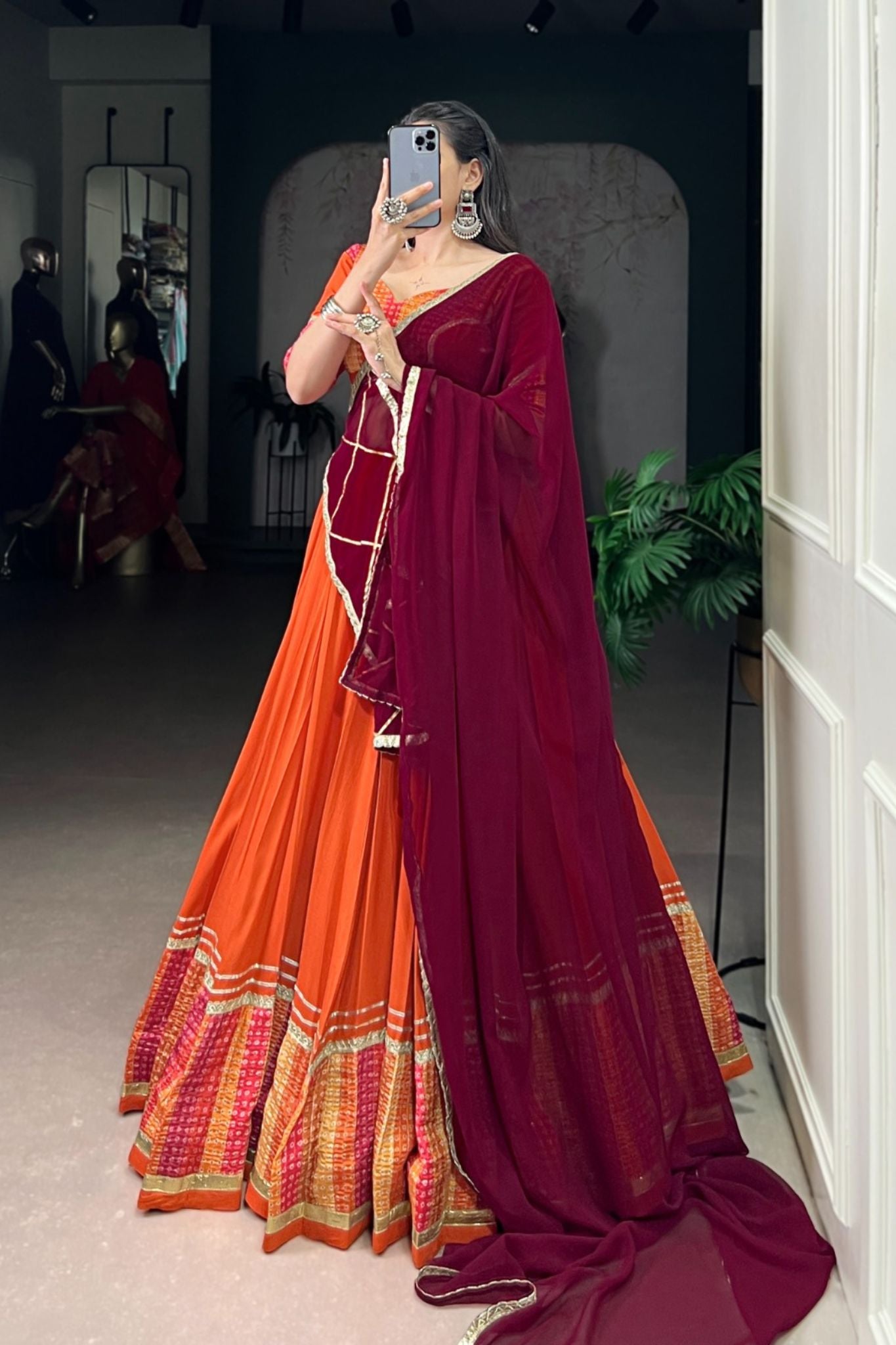 Vibrant Orange Pure Rayon Bandhej Print Traditional Lehenga Choli