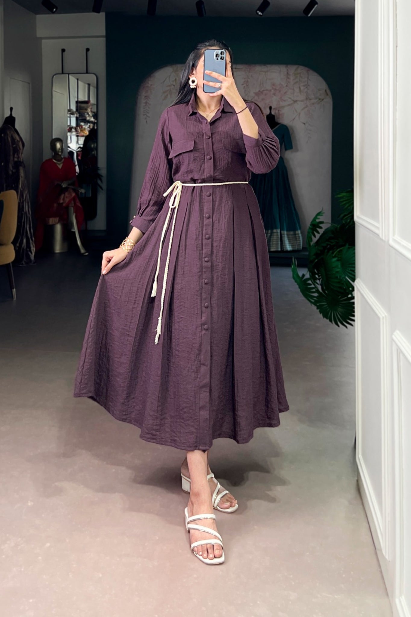 Premium Crackle Fabric Button Down Midi Frock For Women