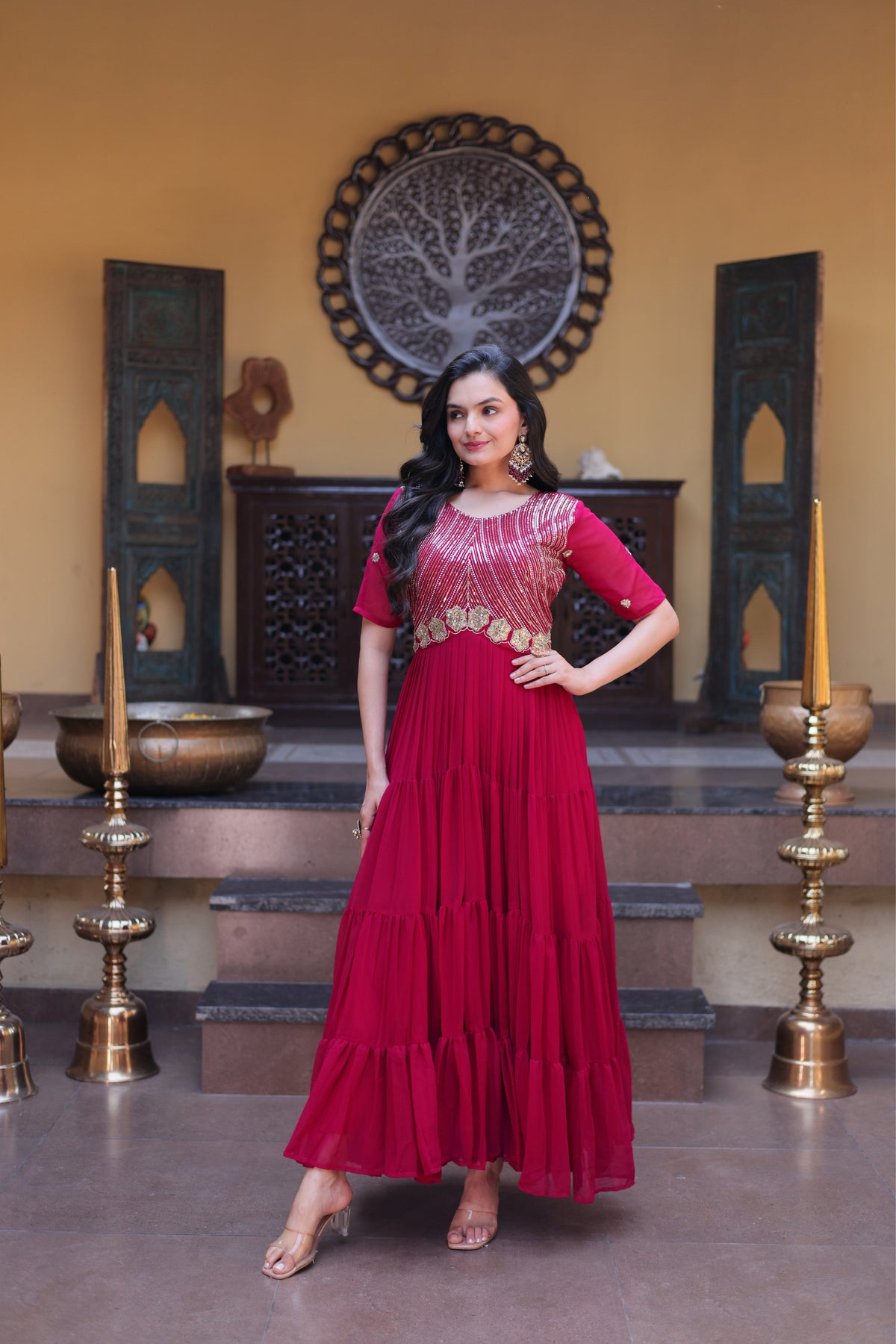 Rani Pink & Red Faux Blooming Designer Sequins Embroidered Tiered Flared Anarkali Gown