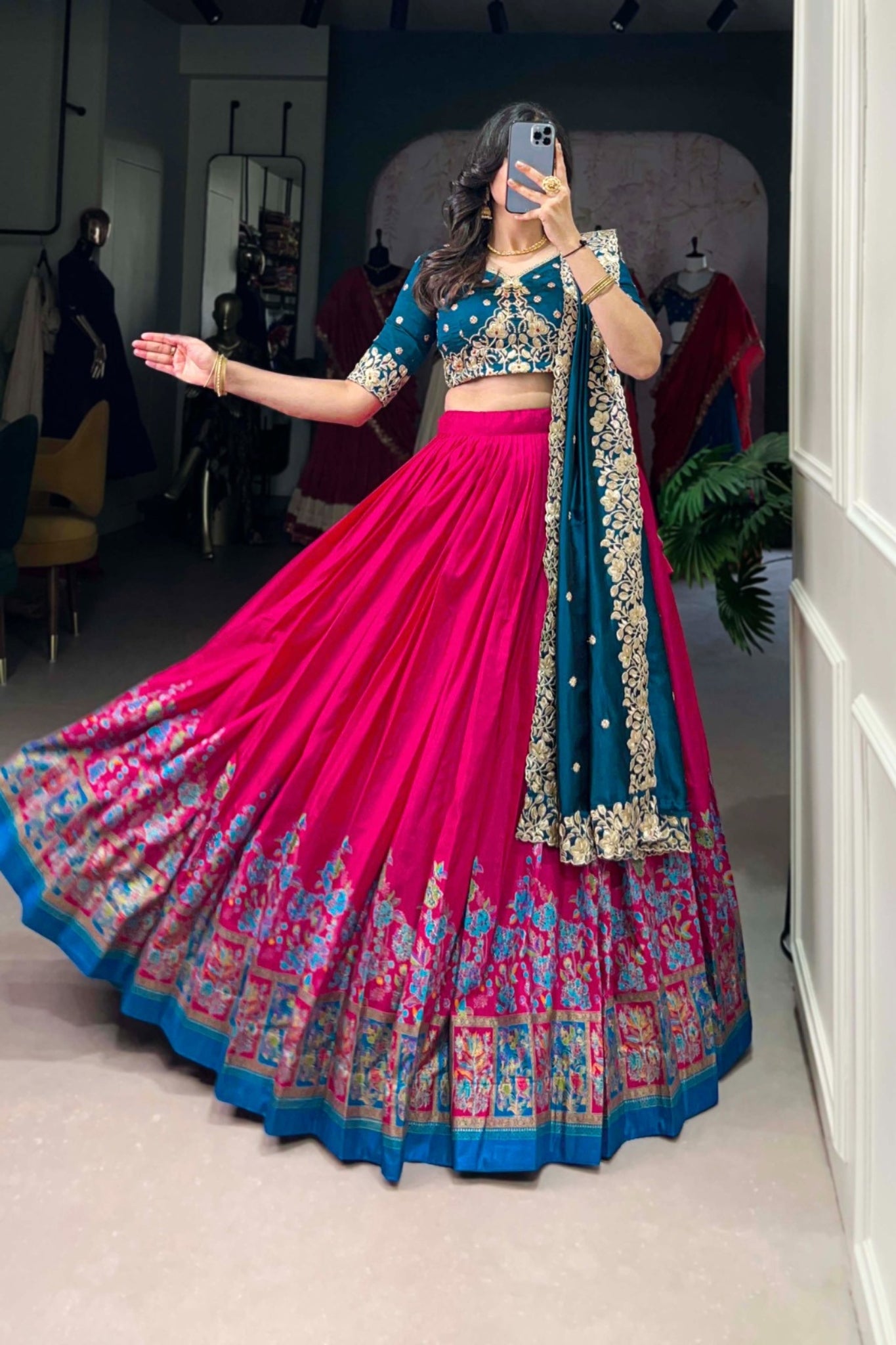 Designer Tussar Silk Printed Lehenga Set With Embroidered Blouse And Dupatta