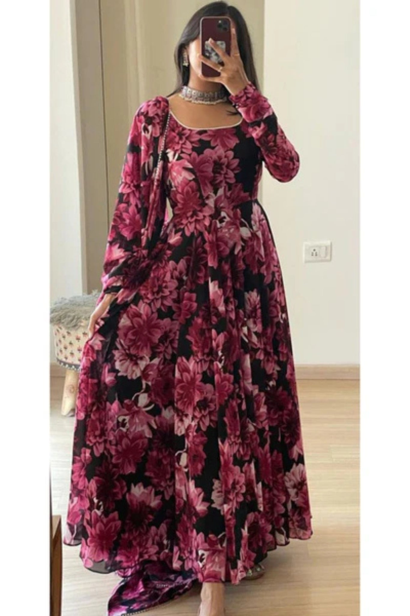 Readymade Pink Flower Premium Gown With Dupatta Set