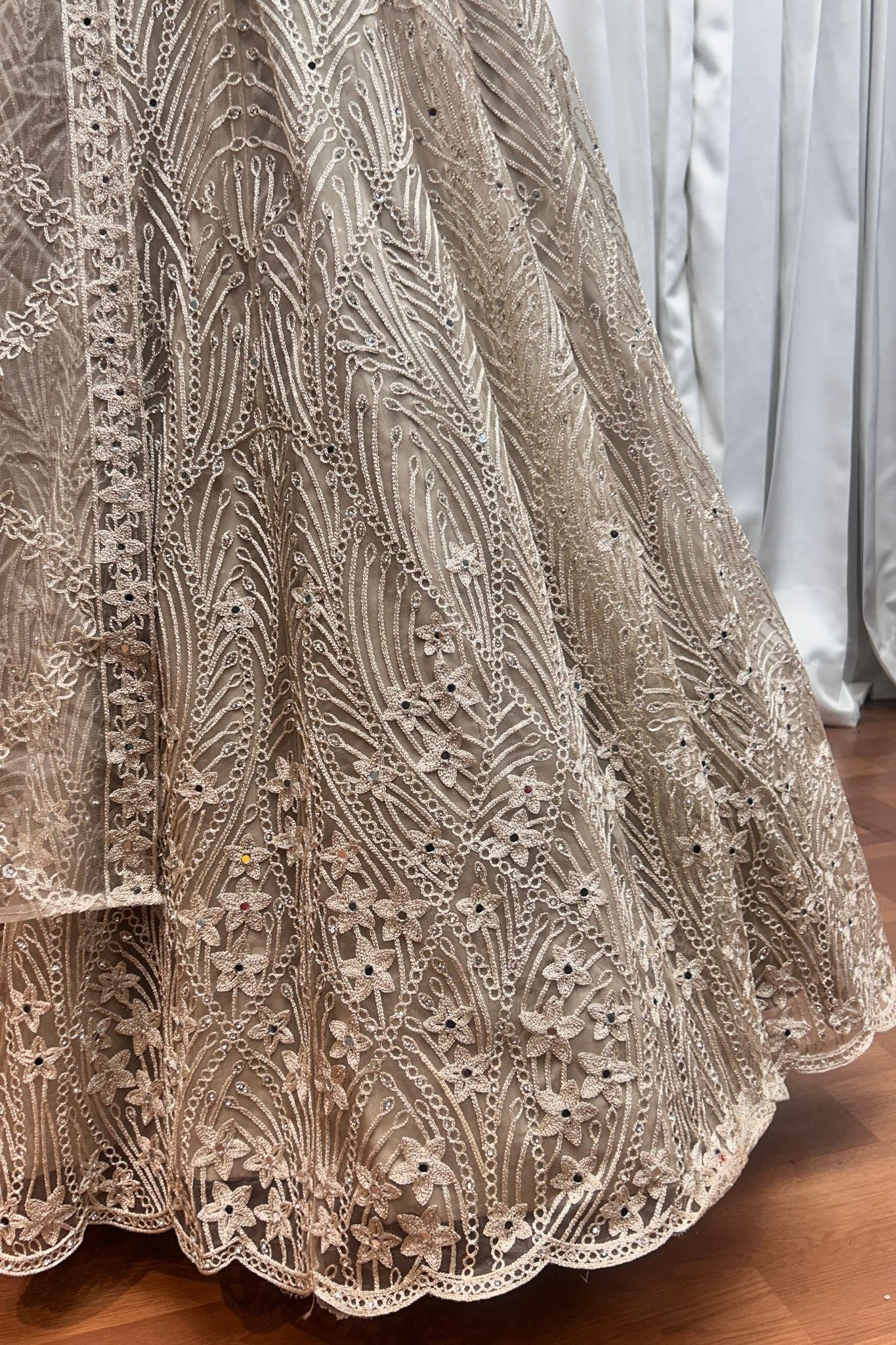 Charming Chiku Color Thread Embroidery With Zarkan And Mirror Work Gown