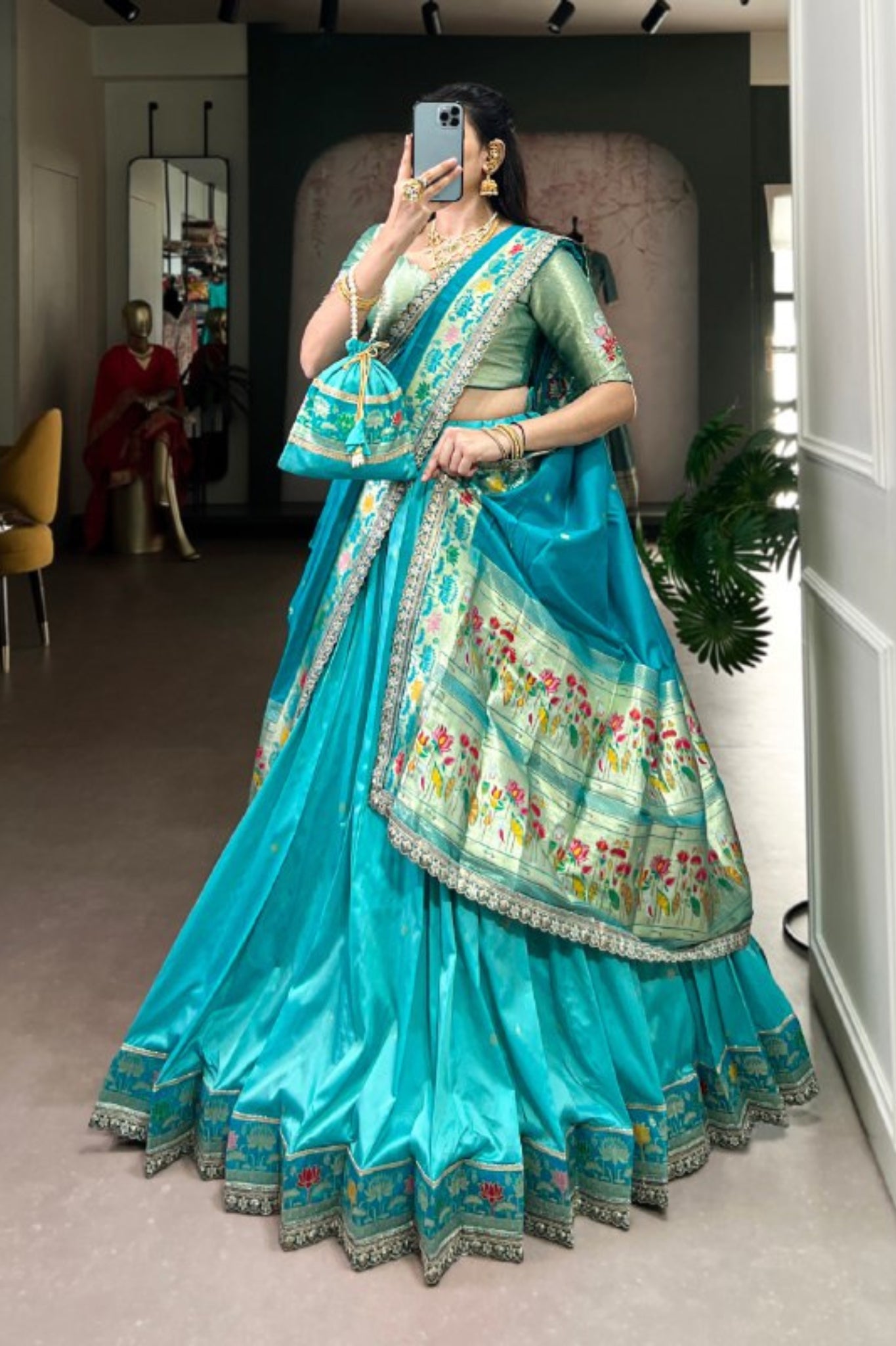 Designer Premium Paithani Soft Silk Zari Weaving Sequins With Thread Embroidery Lehenga Set