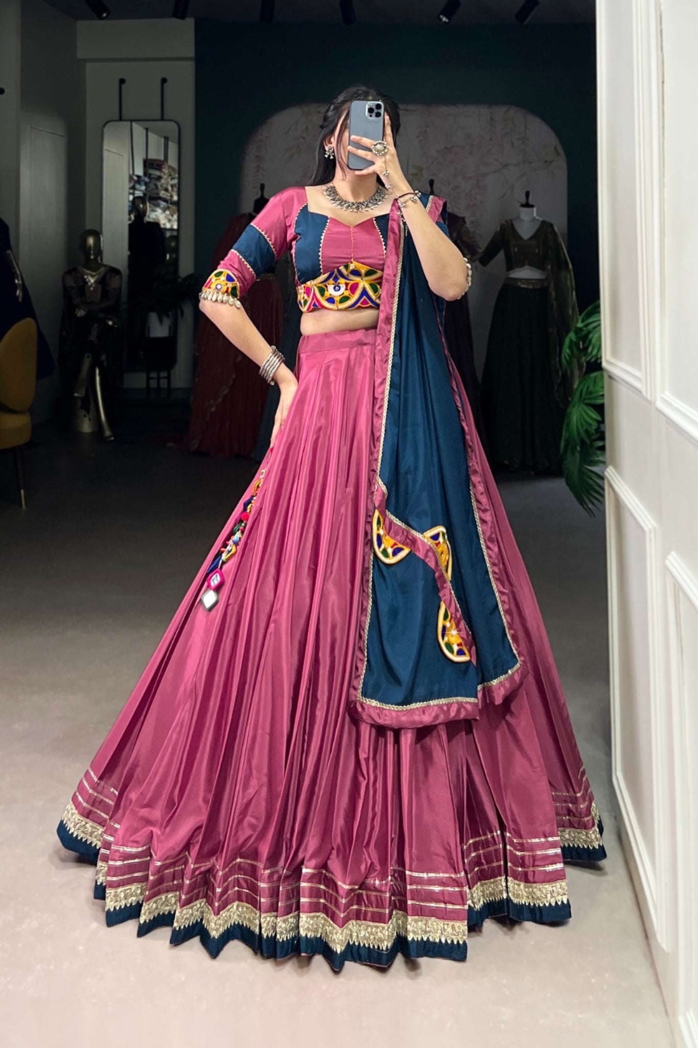 Traditional Original Mirror Gamthi Work With Embroidered Gotta Patti Lace Touch Up Navratri Lehenga Choli