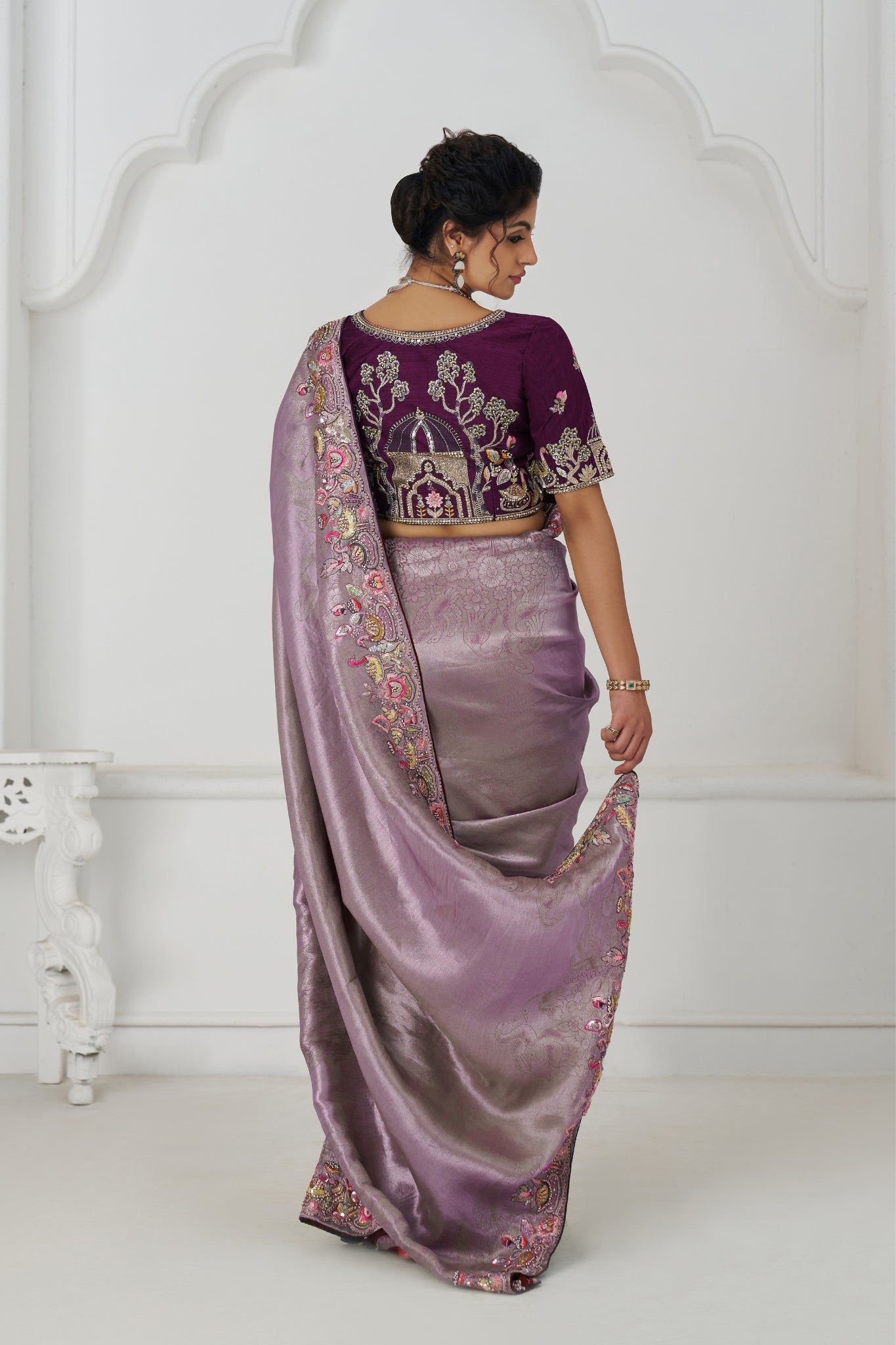 Mauve Luxury Wedding Saree With Multi-Thread Bead Embroidery & Sequin Work