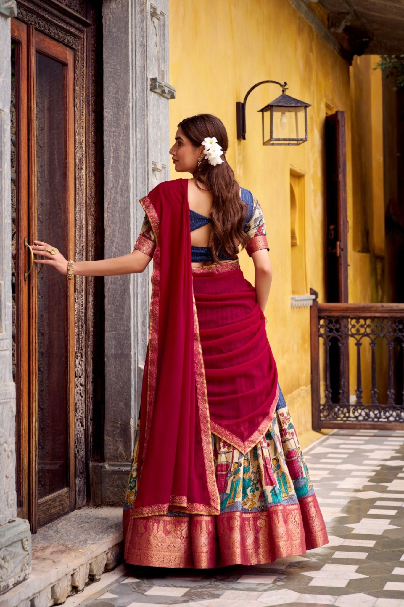 Poly Chanderi Kalamkari Printed Zari Weaving Work Premium Lehenga Choli