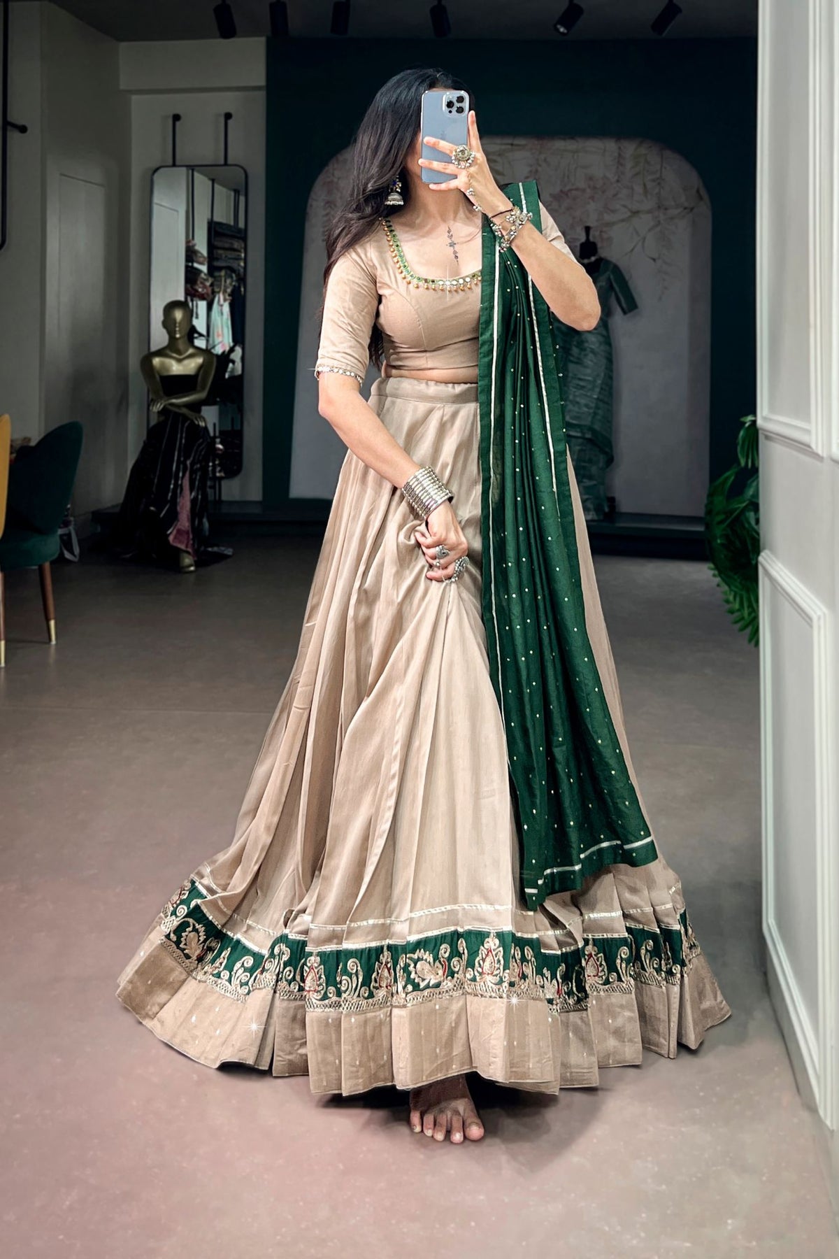 Raasrang Beige Chanderi Designer Navratri Lehenga Choli For Women