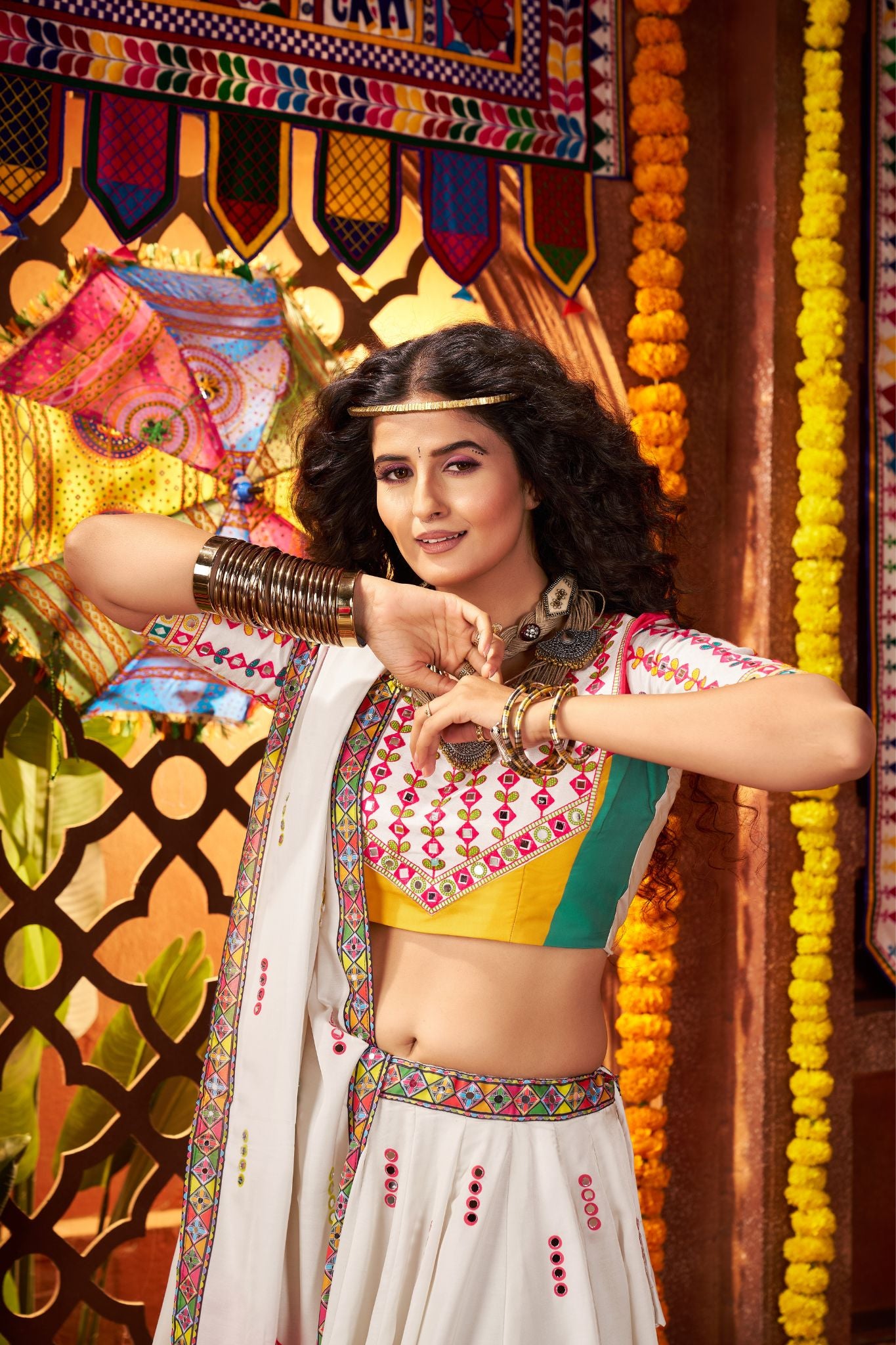 Designer White Lehenga Choli For Navratri With Mirror And Hand Embroidery Work
