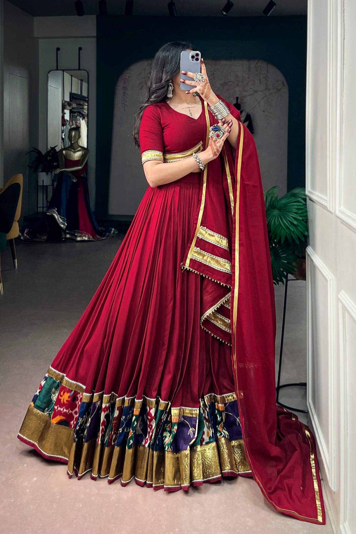 Maroon Rayon Designer Lehenga Choli With Multicolor Ikat Print Border