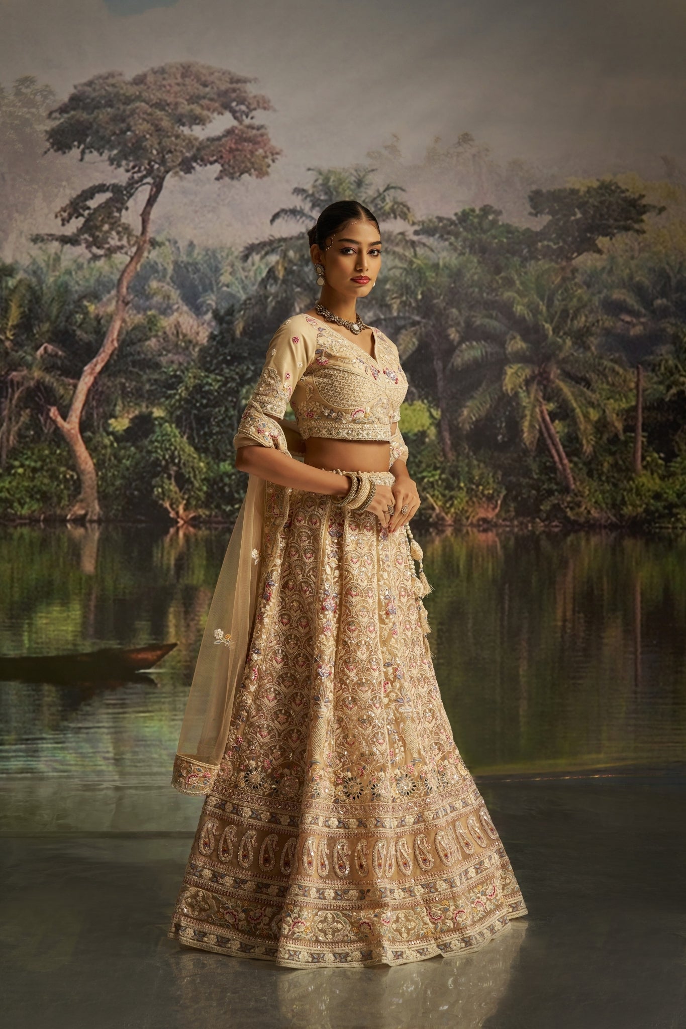 Regal Pastel Gold Heavy Embroidered Bridal Lehenga Set