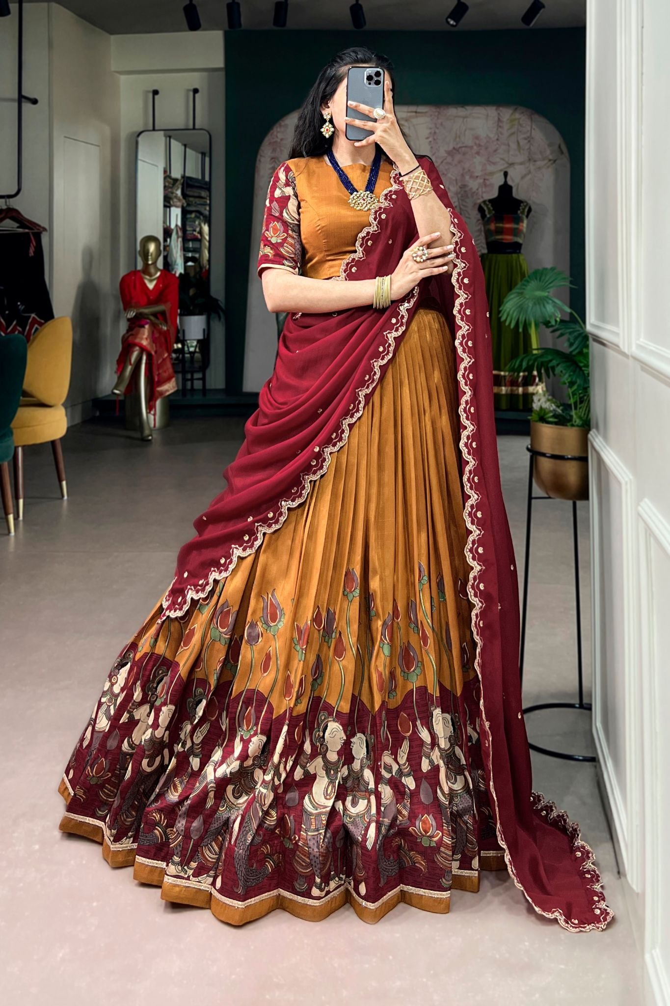 Designer Tasar Silk Kalamkari Print Wedding And Festive Lehenga Choli