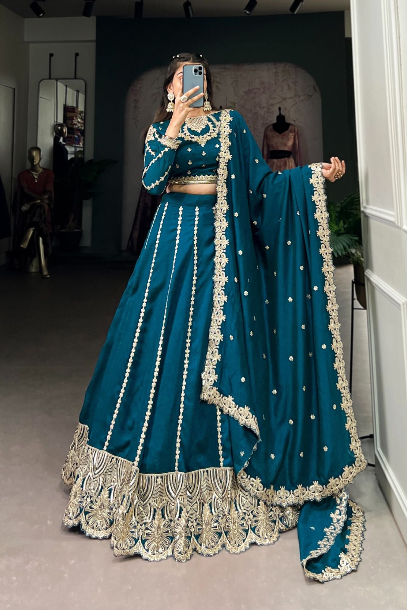 Firozi Silk Sequins Tread Embroidery Work Lehenga Choli