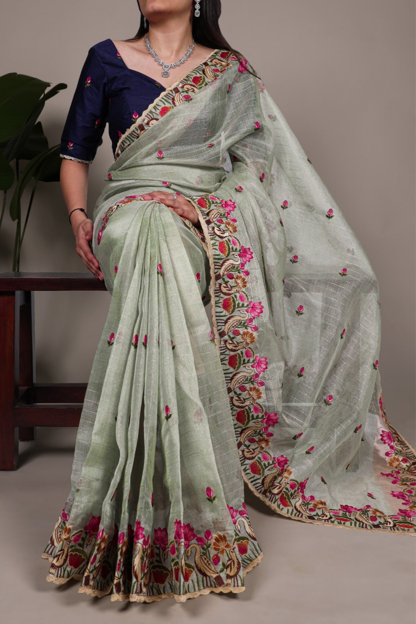Luxury Zari Kota Tissue Designer Saree With Thread Embroidery Work
