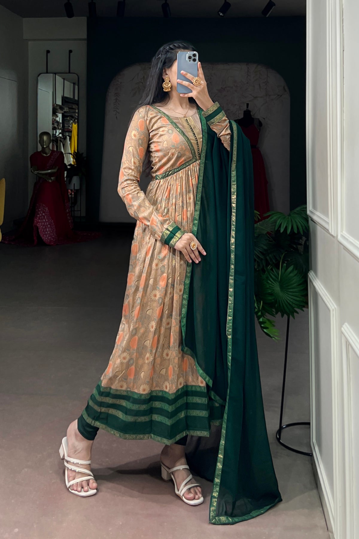 Tasar Silk Floral Print Anarkali Dress with Foil Work & Georgette Lace Border Dupatta