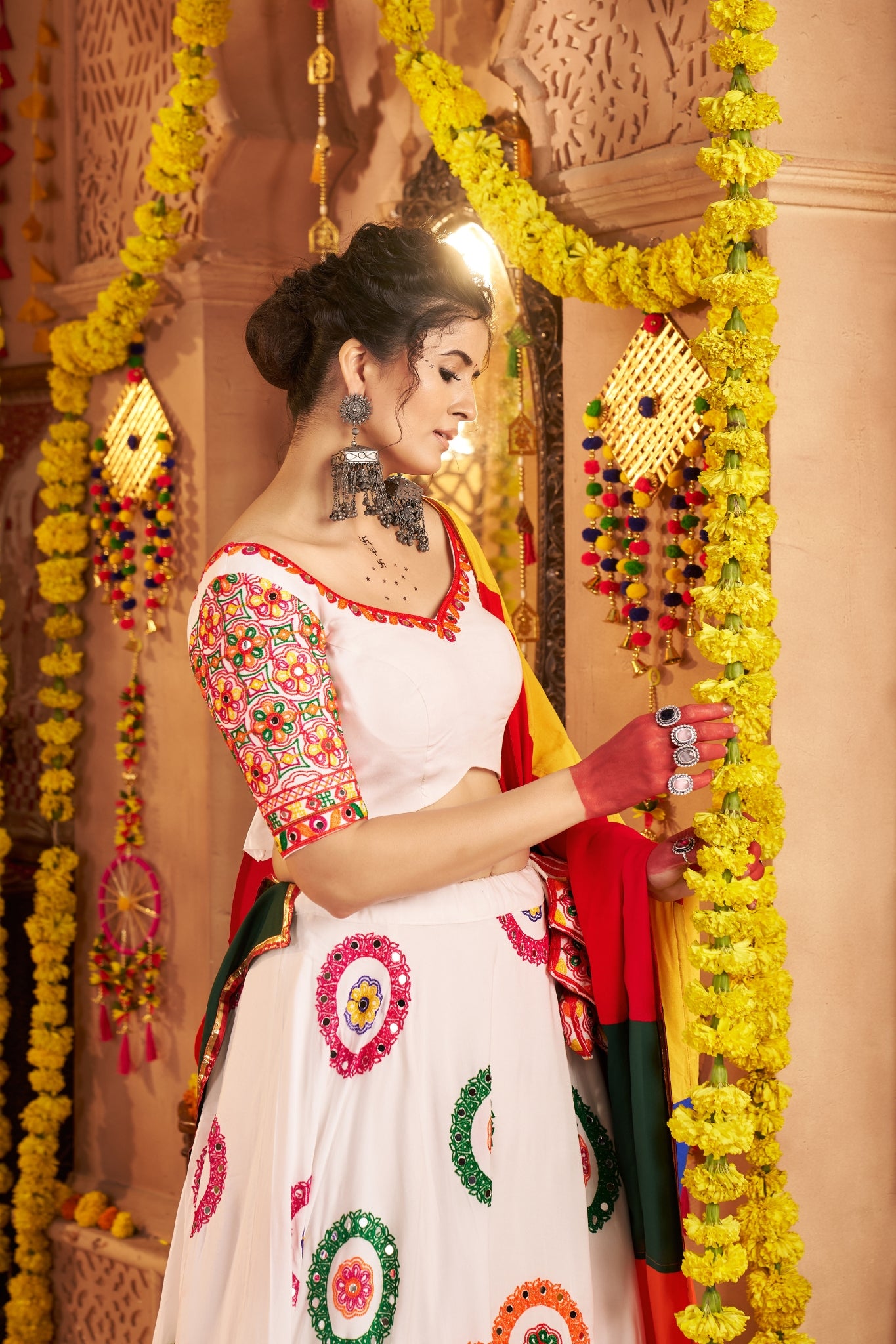 Viscose Cotton Elegant Thread Embroidered With Mirror Work Traditional Navratri Lehenga Choli