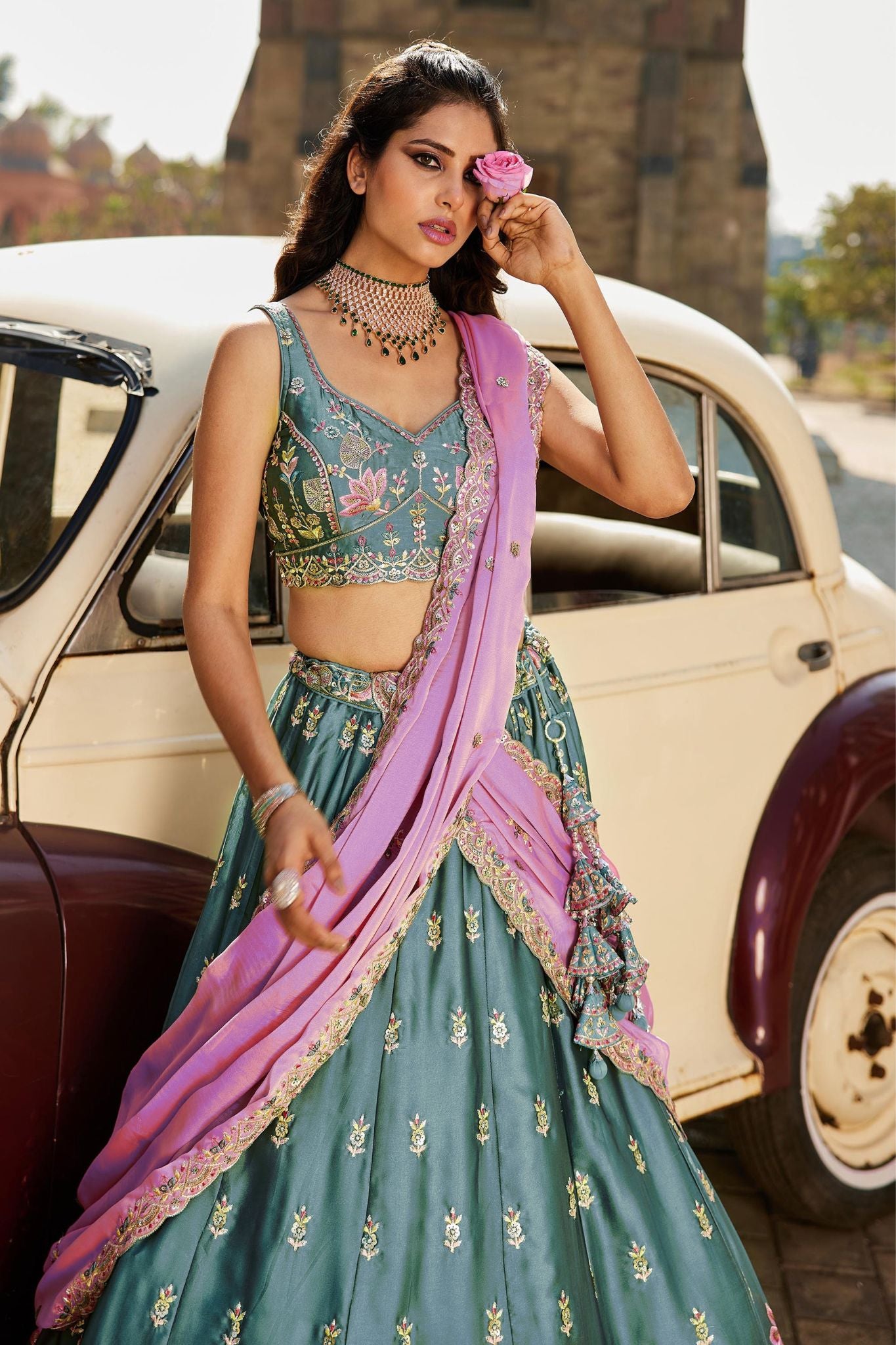 Teal Blue Rangoli Silk Designer Lehenga Choli With Pink Embroidered Dupatta