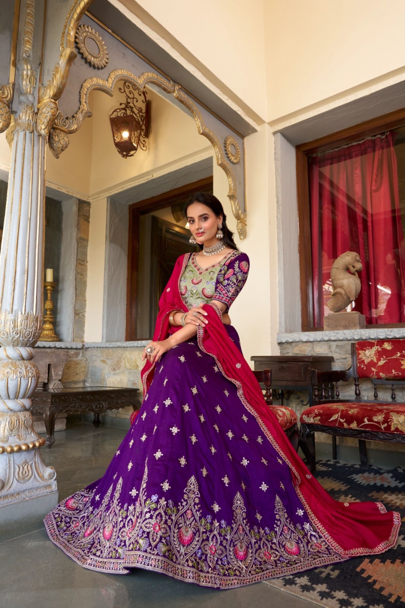 Purple Tradition Elegance Sequins Thread Embroidery Work Lehenga For Wedding