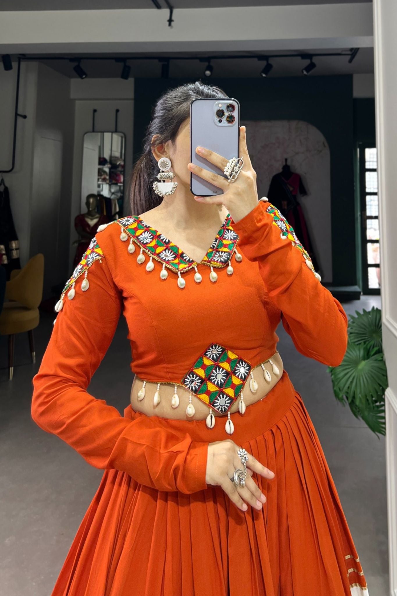 Orange Pure Rayon Gamthi Work Navratri Lehenga Choli